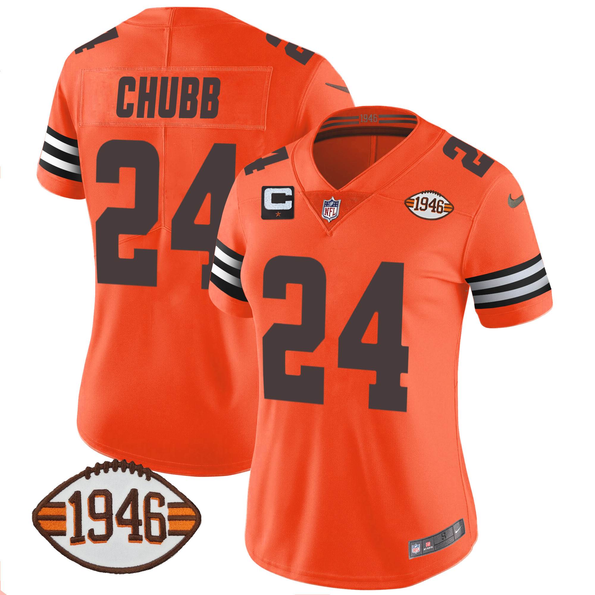 Nick Chubb Women's Cleveland Browns 1946 75th Anniversary Patch Orange Jersey - All Stitched