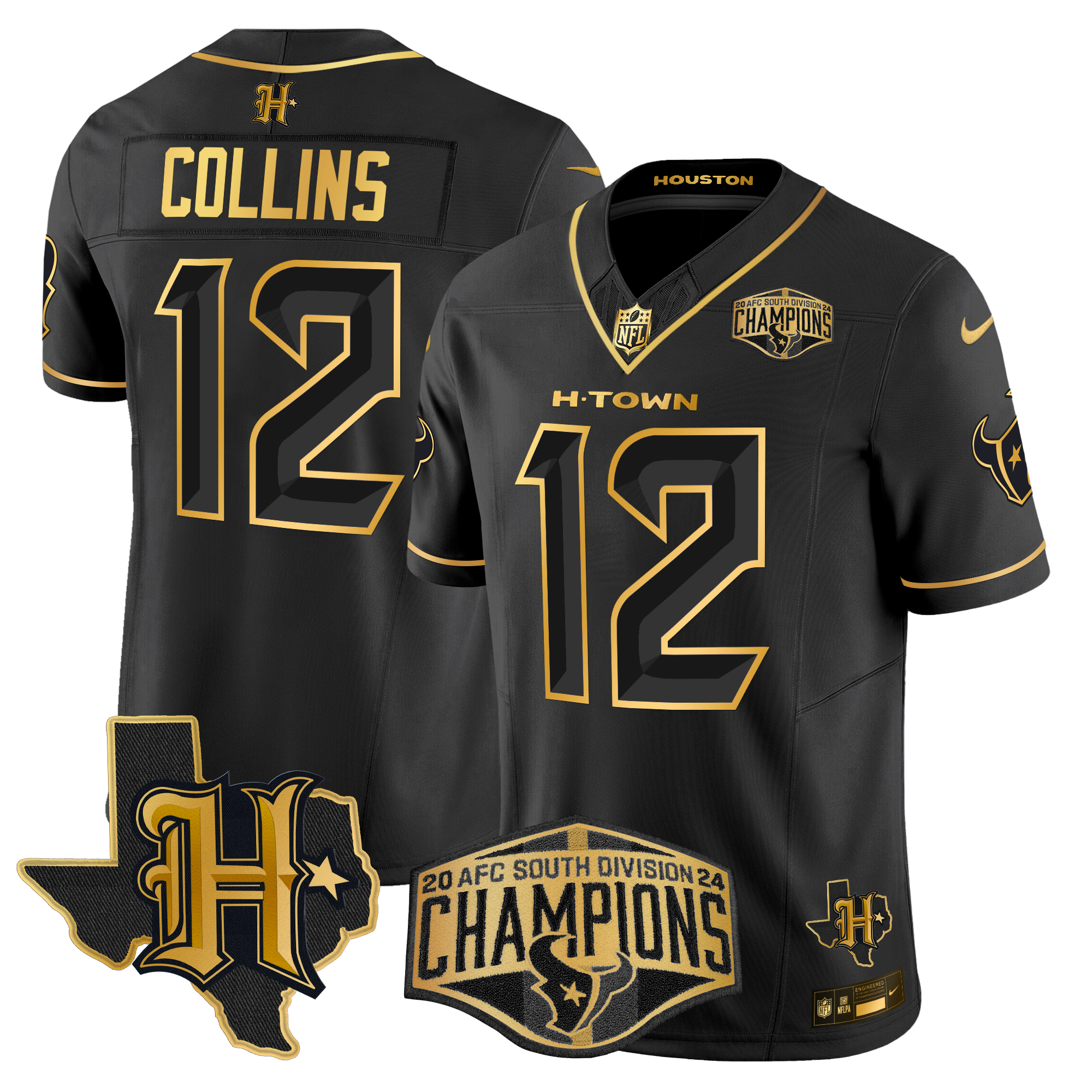 Nico Collins Men's Houston Texans 2024 AFC South Division Champions Patch Gold Vapor Limited Black Gold Jersey - All Stitched