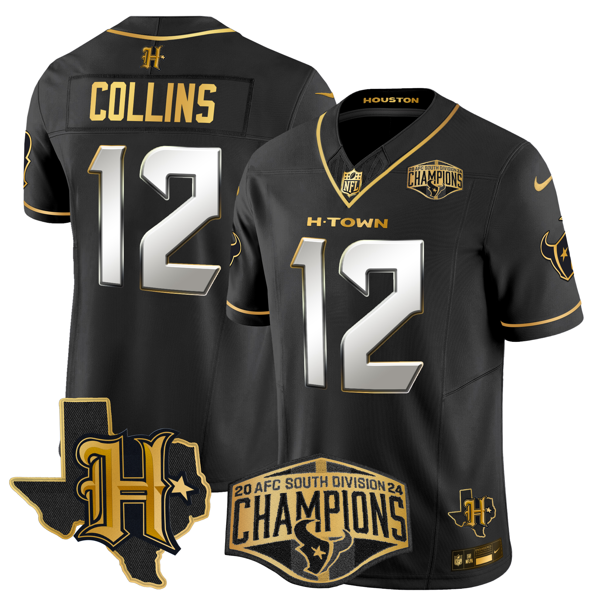 Nico Collins Men's Houston Texans 2024 AFC South Division Champions Patch Gold Vapor Limited Black Limited Jersey - All Stitched
