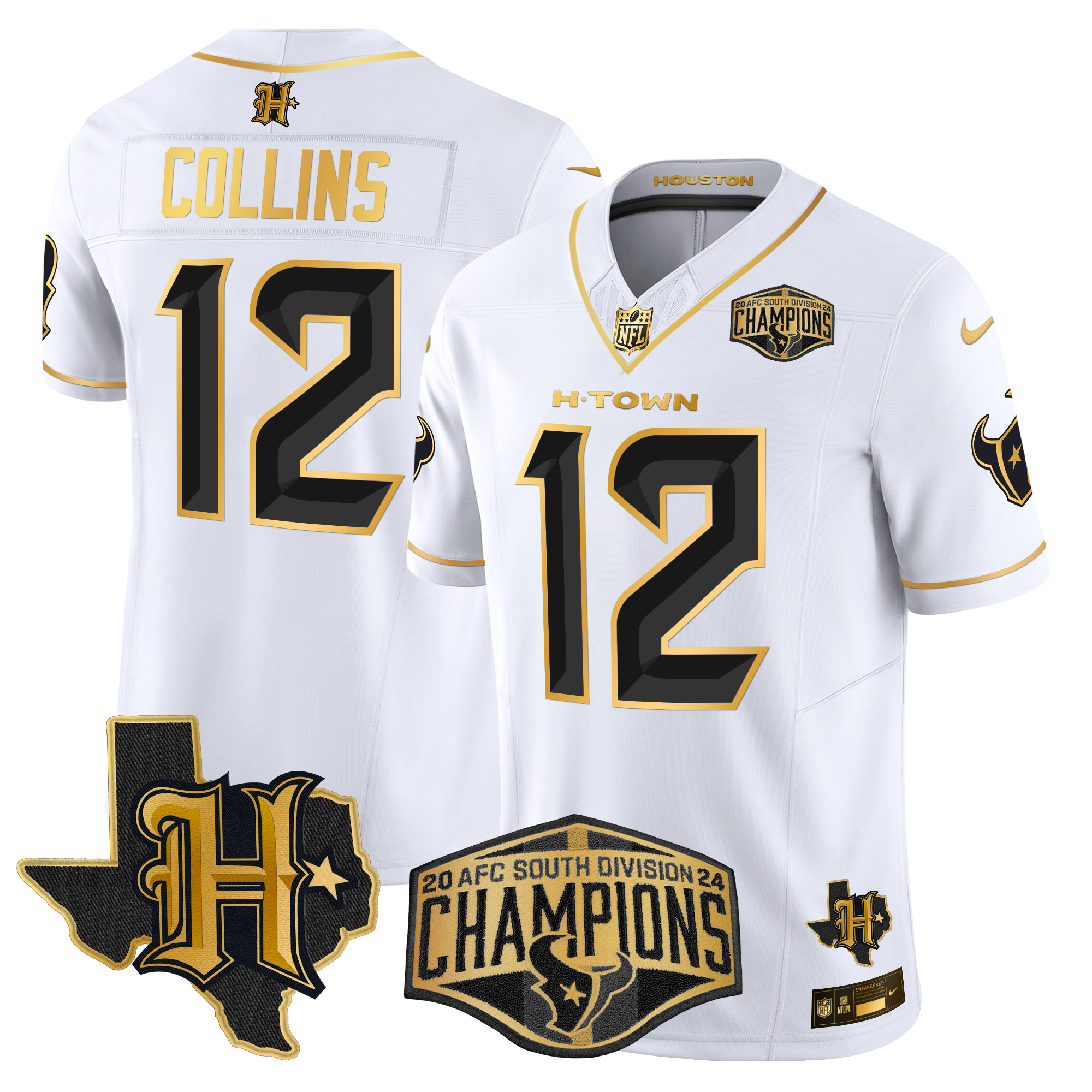Nico Collins Men's Houston Texans 2024 AFC South Division Champions Patch Gold Vapor Limited White Gold Jersey - All Stitched