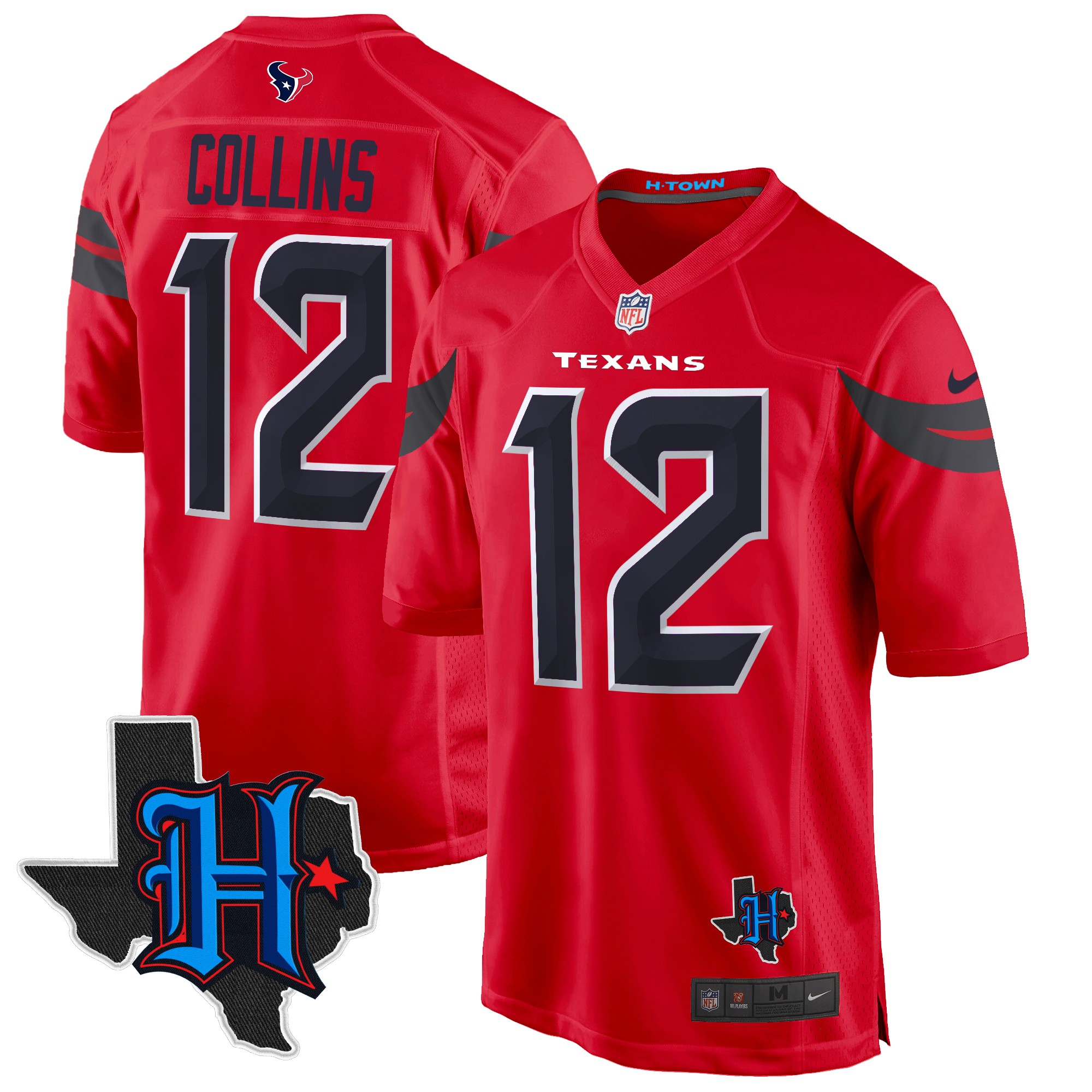Nico Collins Men's Houston Texans 2024 Texas Patch Game Red Jersey - All Stitched