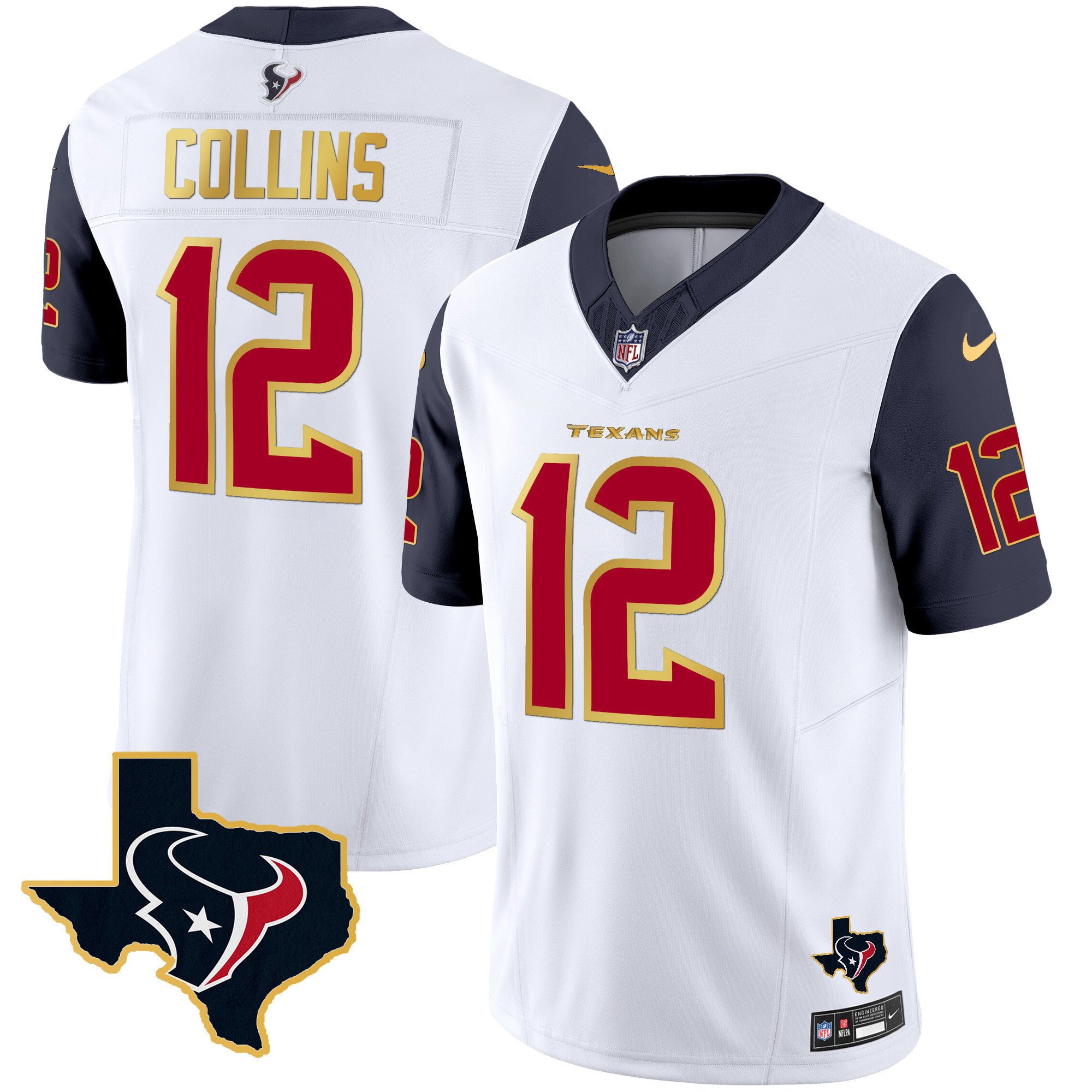 Nico Collins Men's Houston Texans Gold Trim Vapor Navy Sleeves Jersey - All Stitched