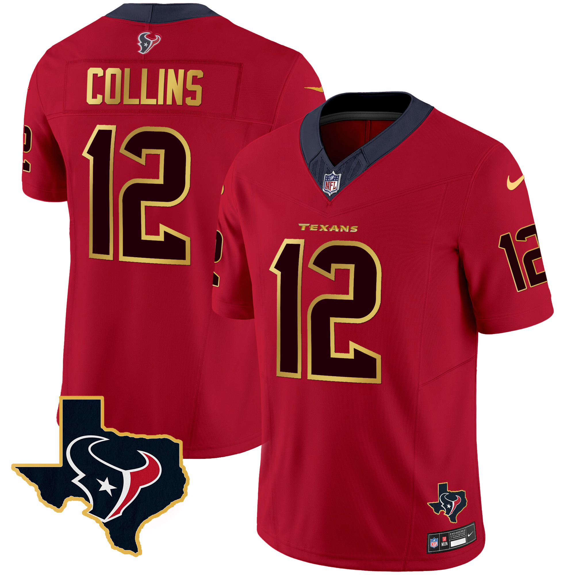 Nico Collins Men's Houston Texans Gold Trim Vapor Red Jersey - All Stitched