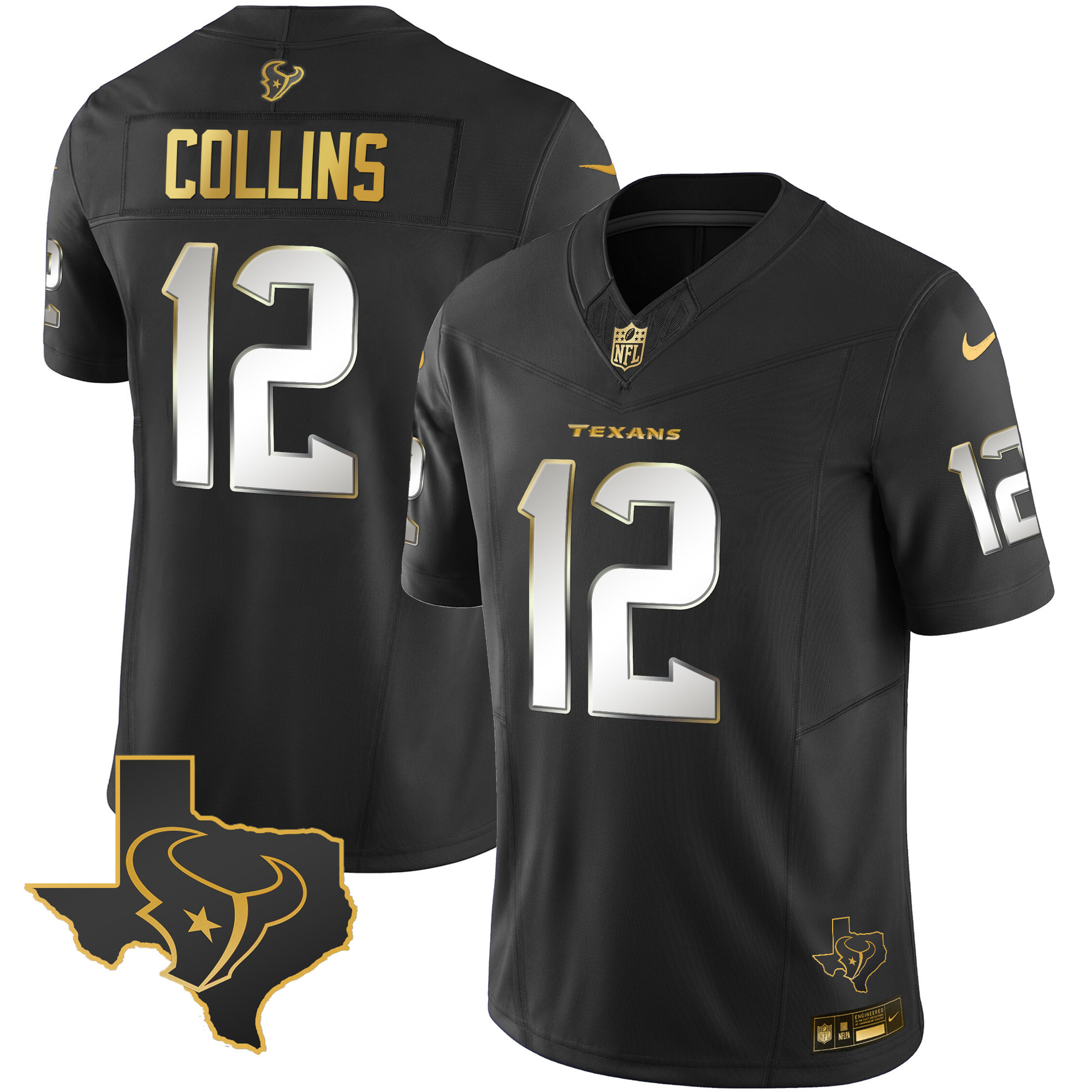 Nico Collins Men's Houston Texans Gold Vapor Limited Black Limited Jersey - All Stitched