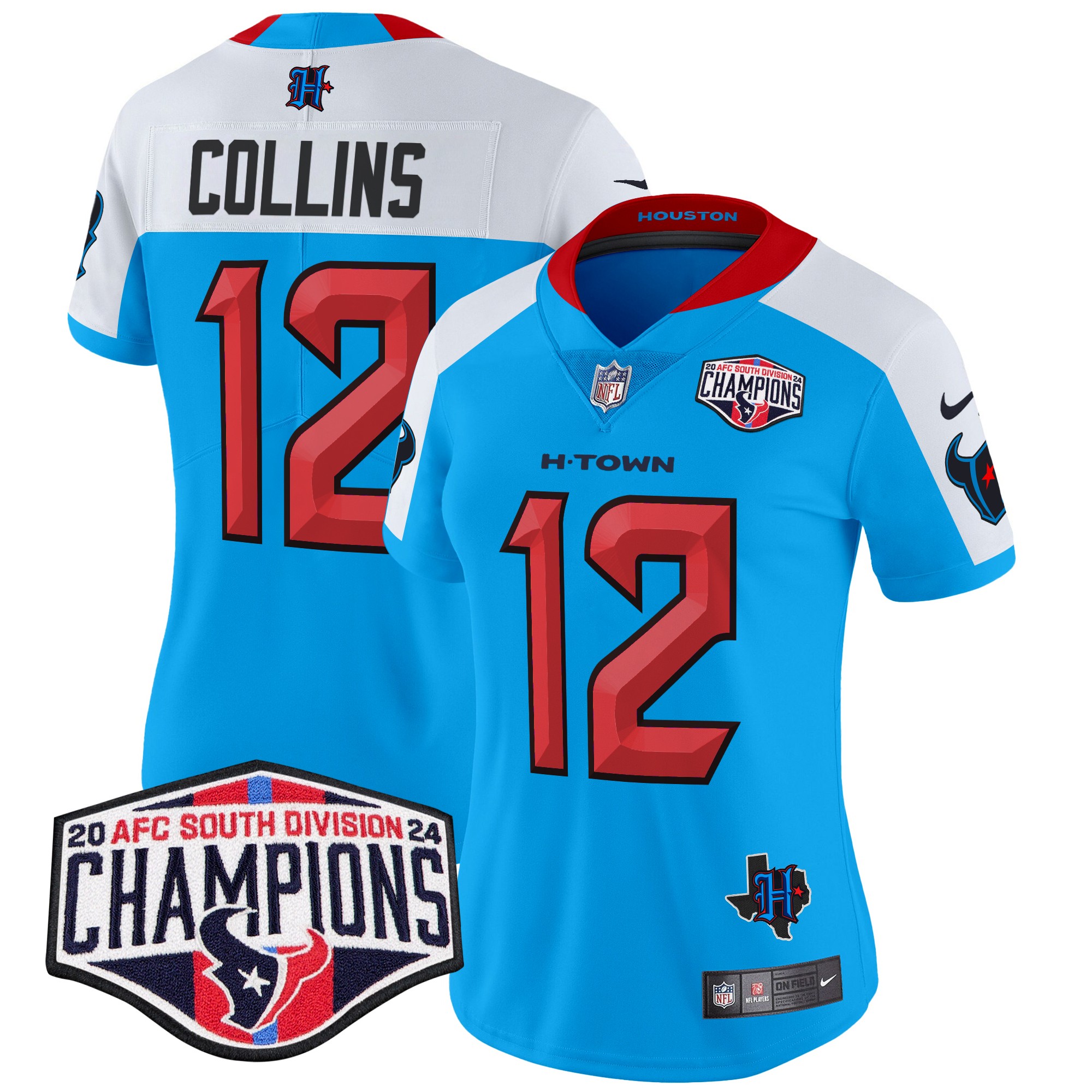 Nico Collins Women's Houston Texans 2024 AFC South Division Champions Patch Vapor Limited Blue Alternate Jersey - All Stitched