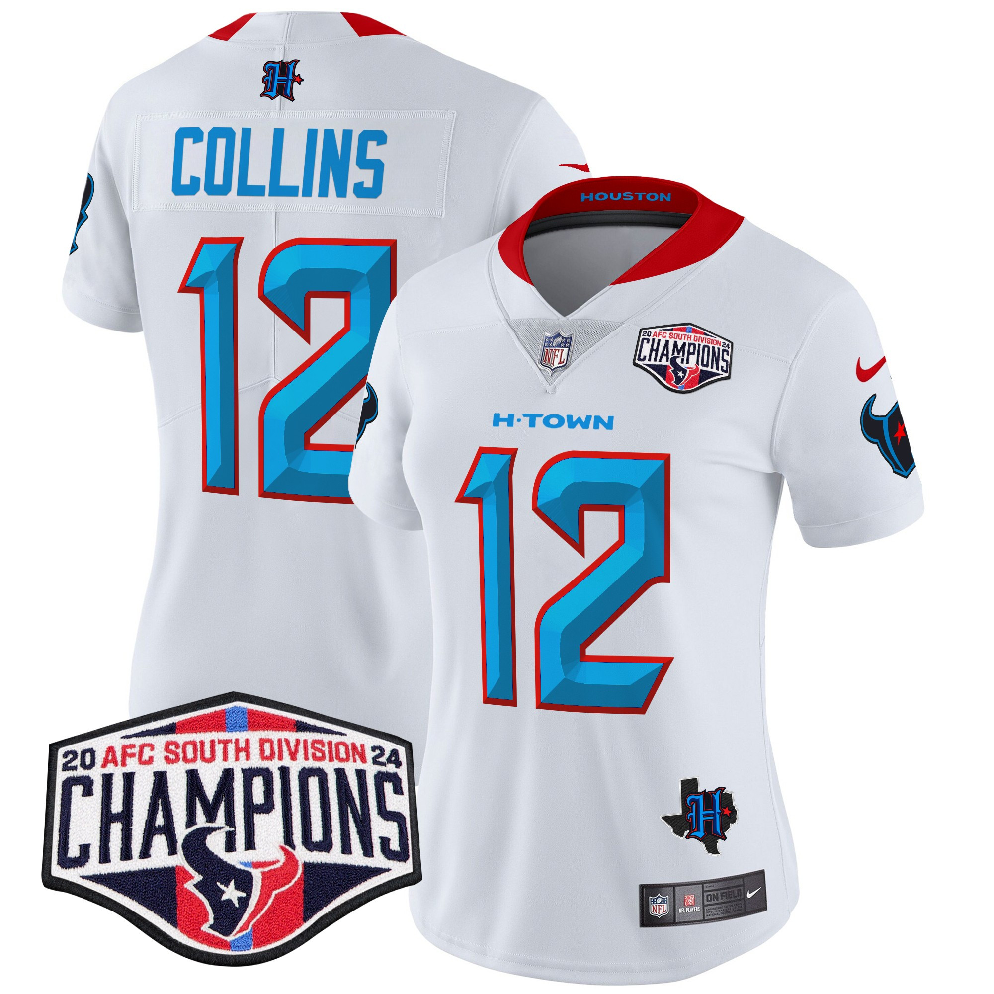 Nico Collins Women's Houston Texans 2024 AFC South Division Champions Patch Vapor Limited White Jersey - All Stitched