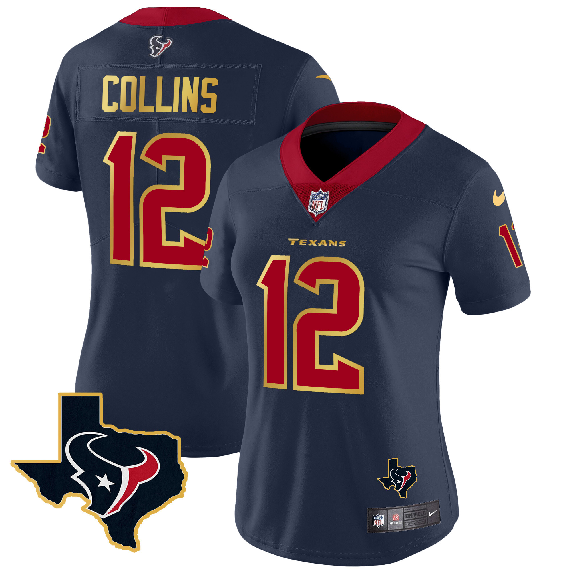 Nico Collins Women's Houston Texans Gold Trim Vapor Navy Jersey - All Stitched