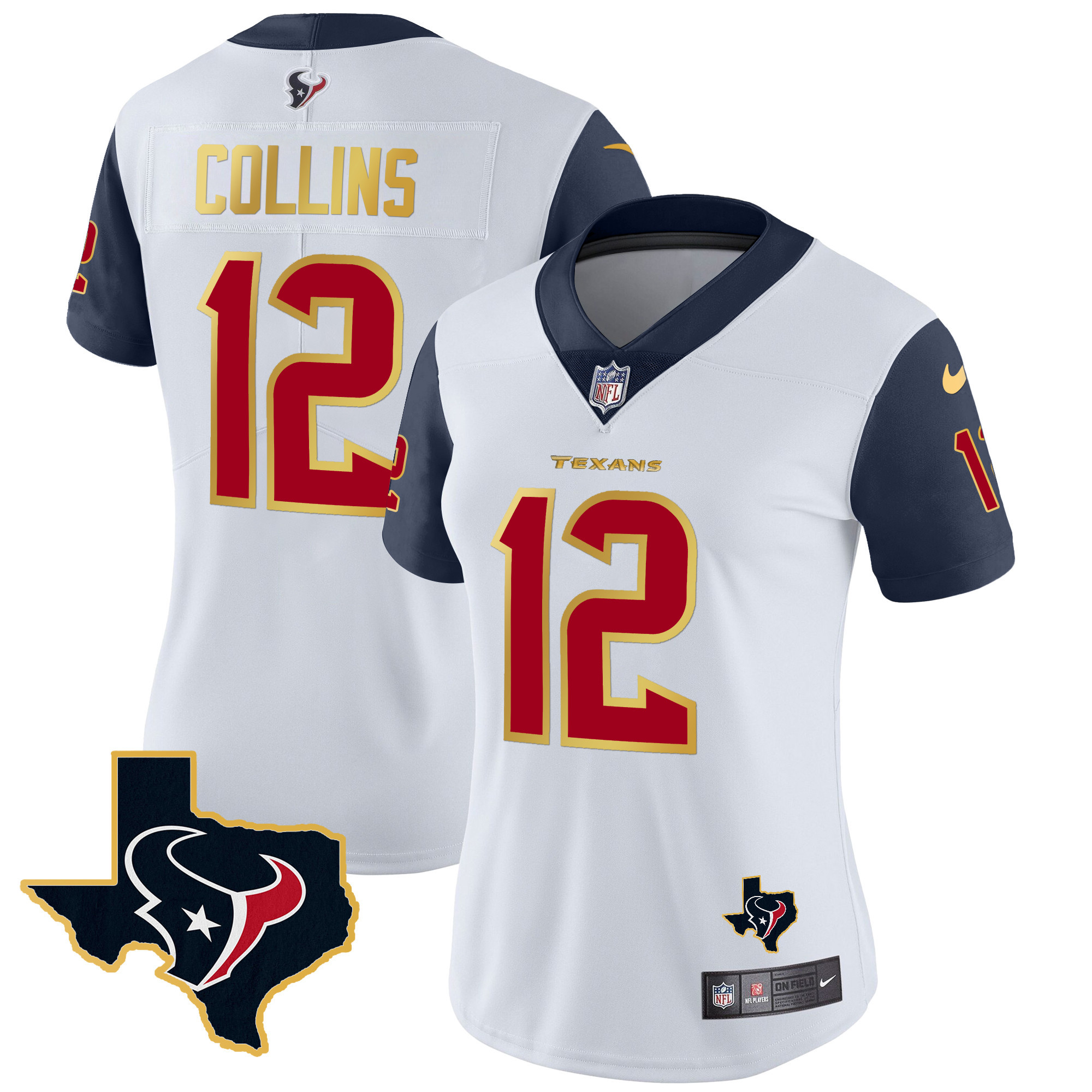 Nico Collins Women's Houston Texans Gold Trim Vapor Navy Sleeves Jersey - All Stitched