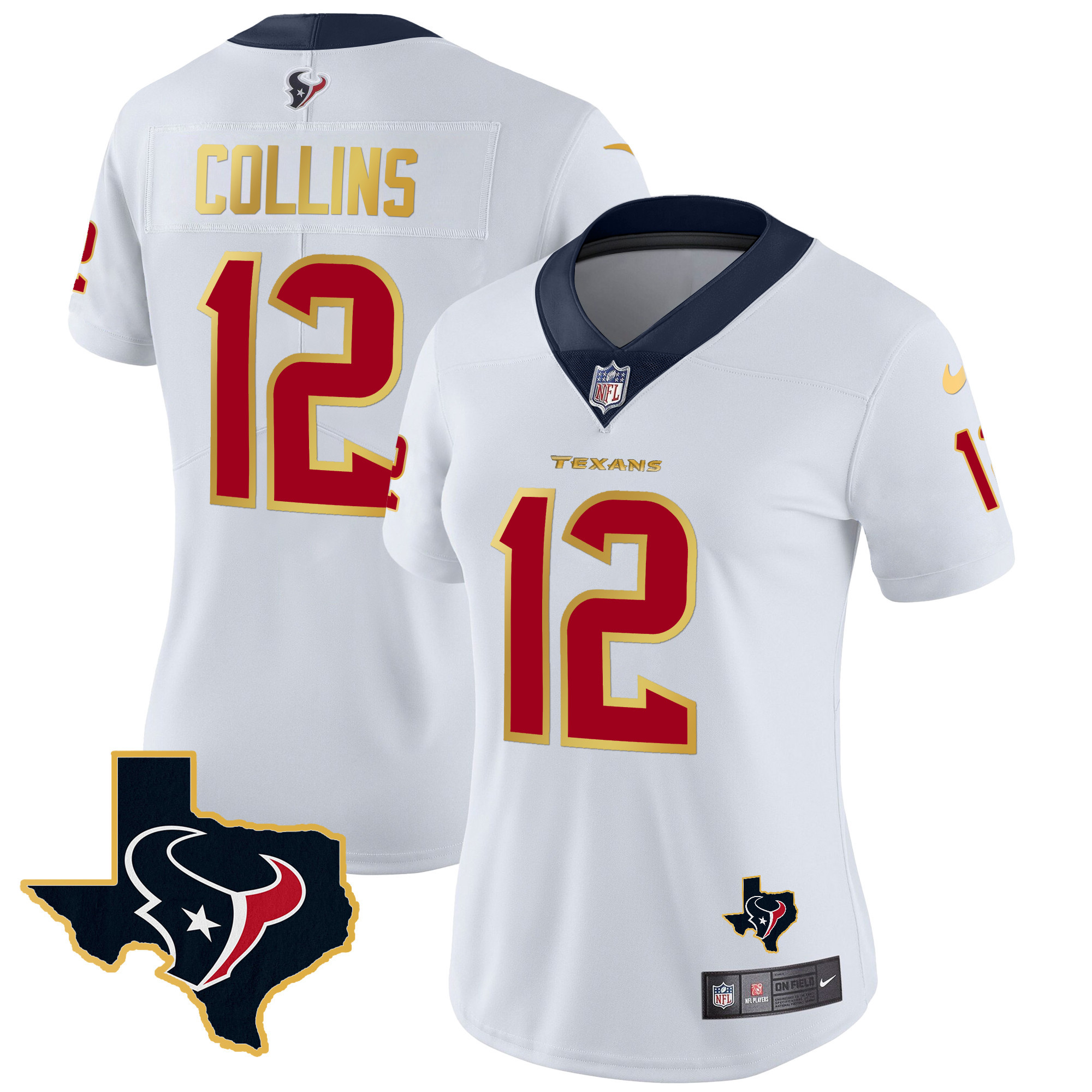 Nico Collins Women's Houston Texans Gold Trim Vapor White Jersey - All Stitched