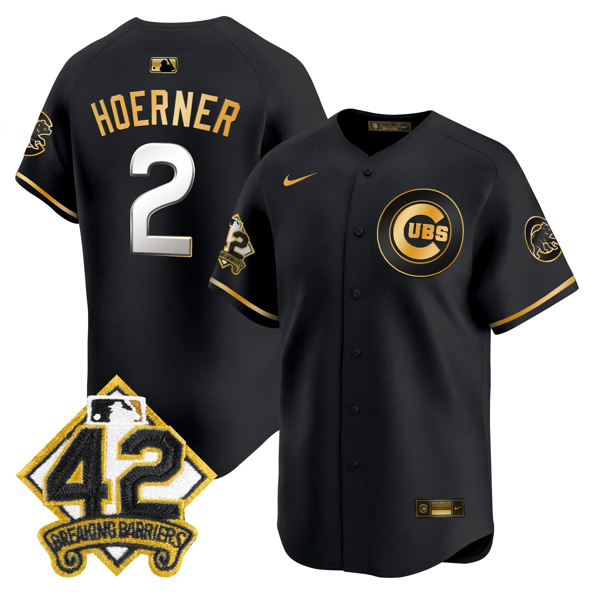 Nico Hoerner Men's Chicago Cubs 2025 Jackie Robinson Patch Vapor Premier Limited Black Gold Jersey - All Stitched
