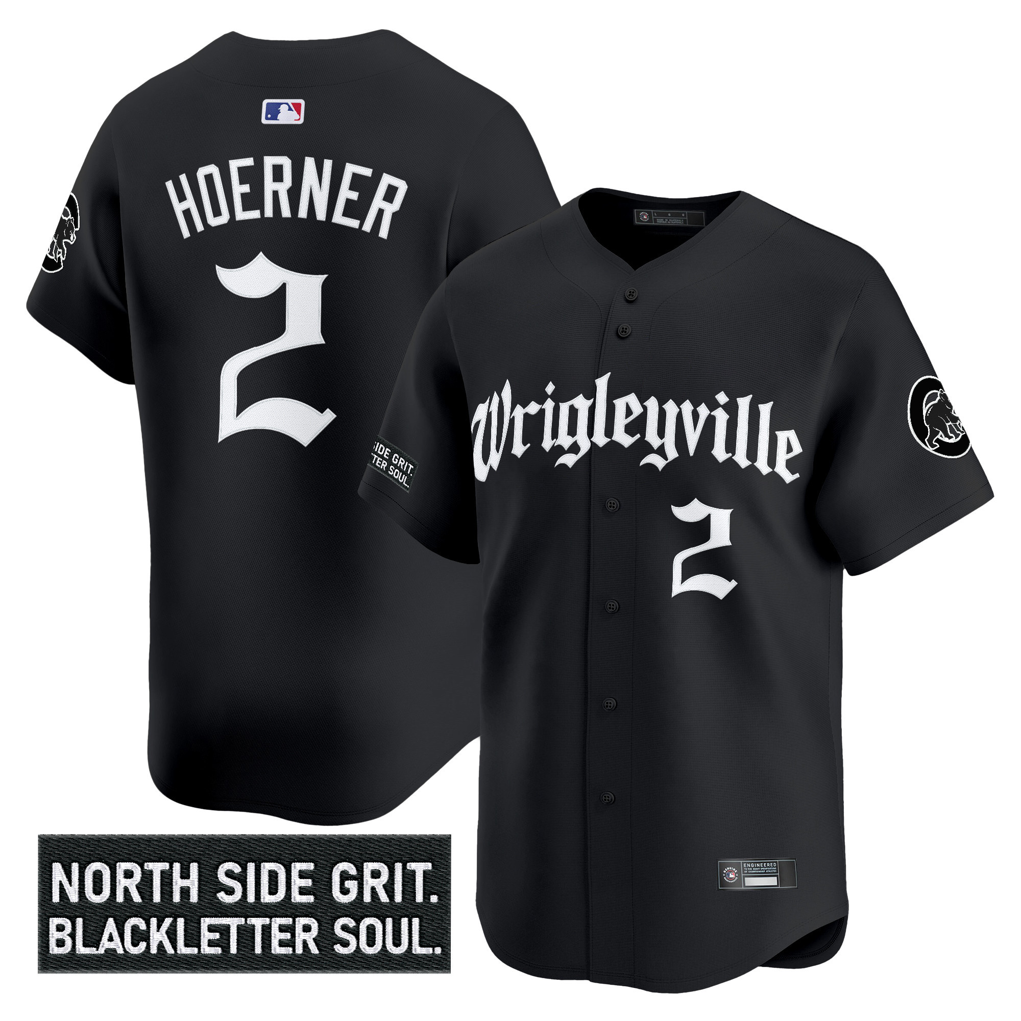 Nico Hoerner Men's Chicago Cubs 'Gothic North Side Edition' Vapor Premier Limited Black Jersey V2 - All Stitched