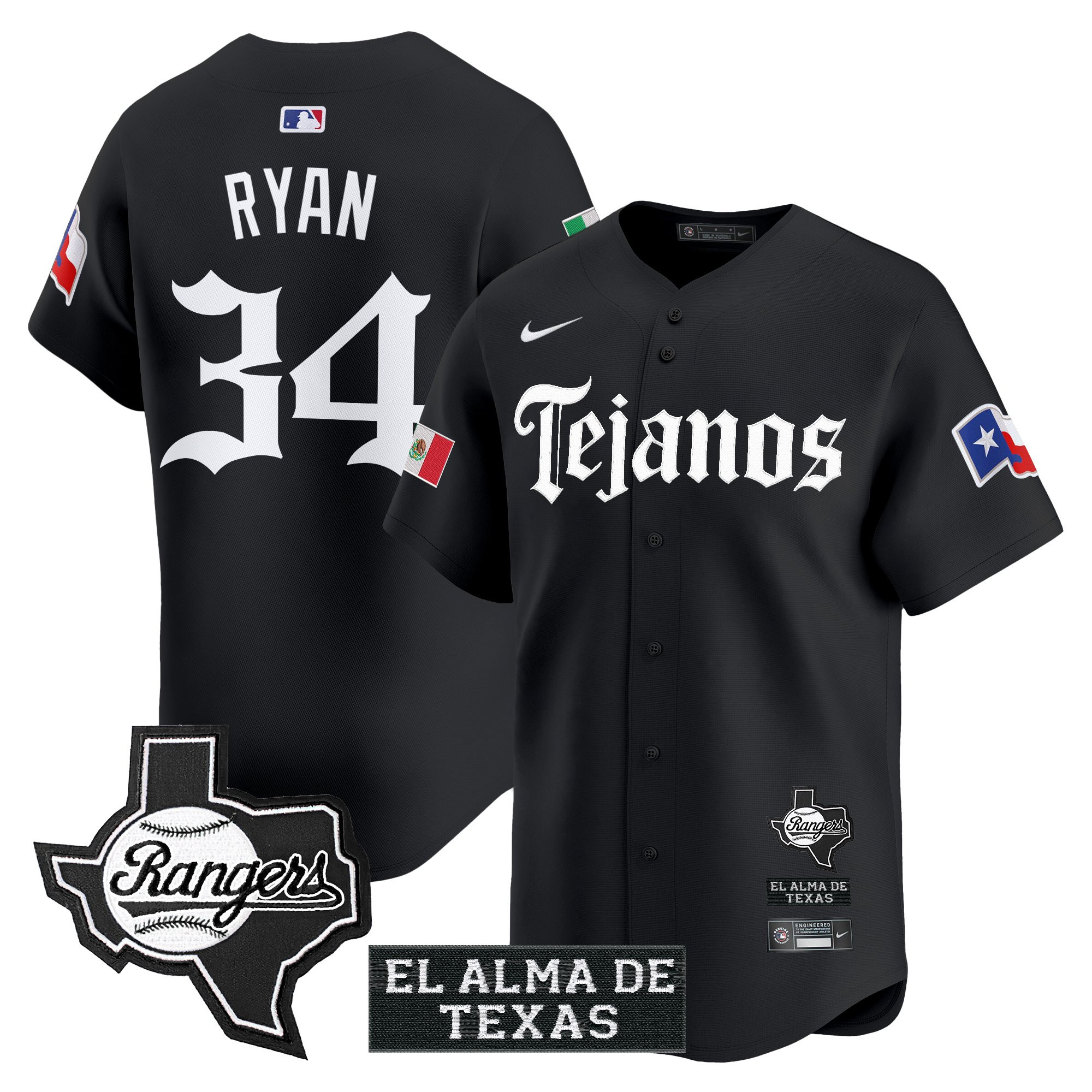 Nolan Ryan Men's Texas Rangers Mexico Tejano Barrio Style Vapor Premier Limited Black Jersey - All Stitched