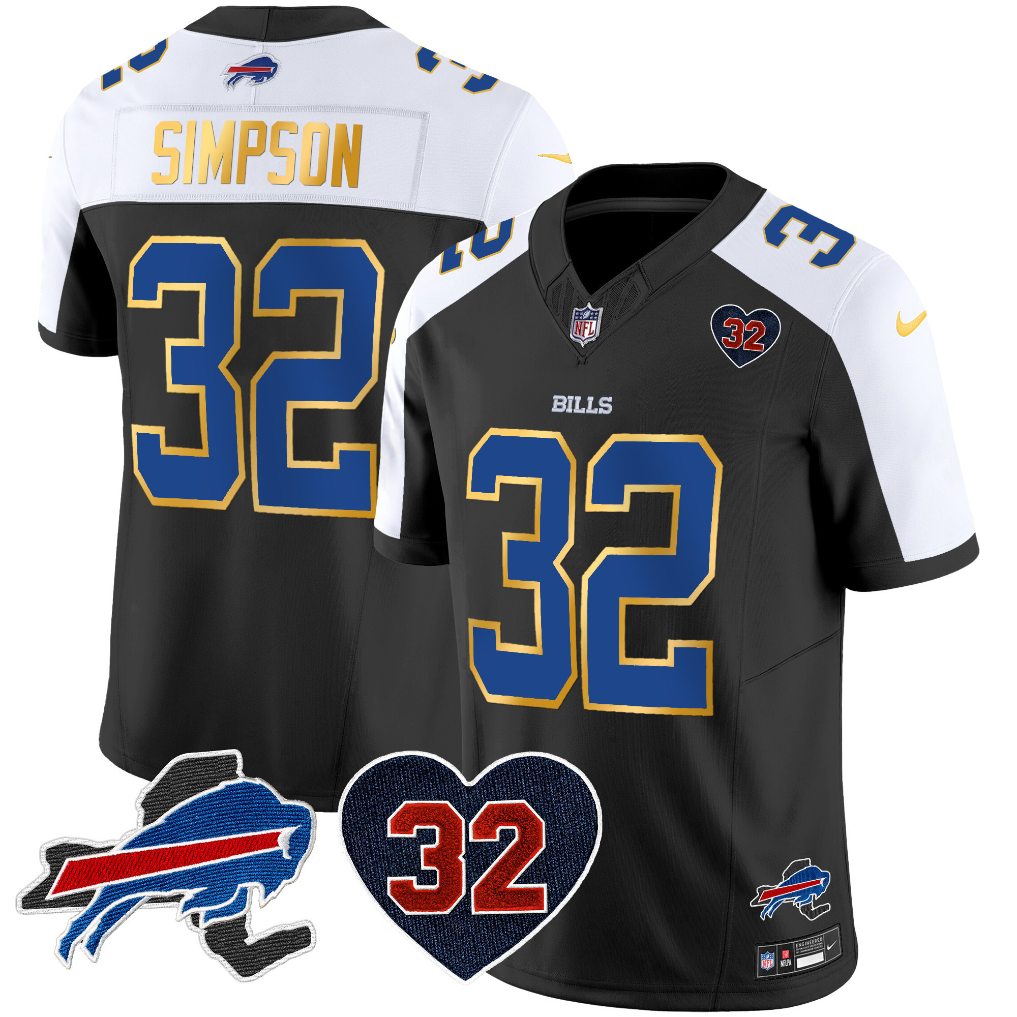 O.J. Simpson Men's Buffalo Bills O.J. Simpson Patch Gold Trim Vapor Limited Black Alternate Jersey - All Stitched