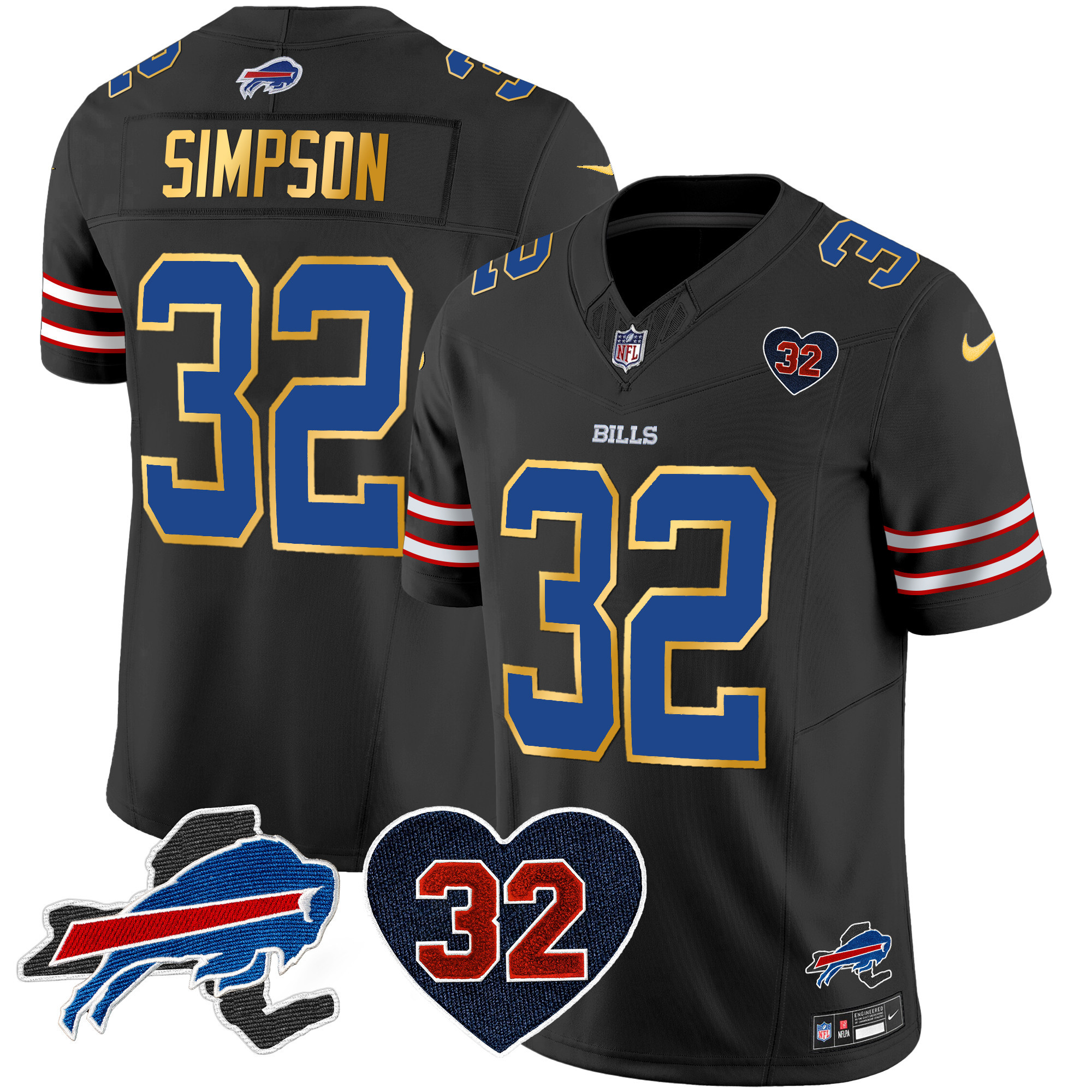 O.J. Simpson Men's Buffalo Bills O.J. Simpson Patch Gold Trim Vapor Limited Black Jersey - All Stitched