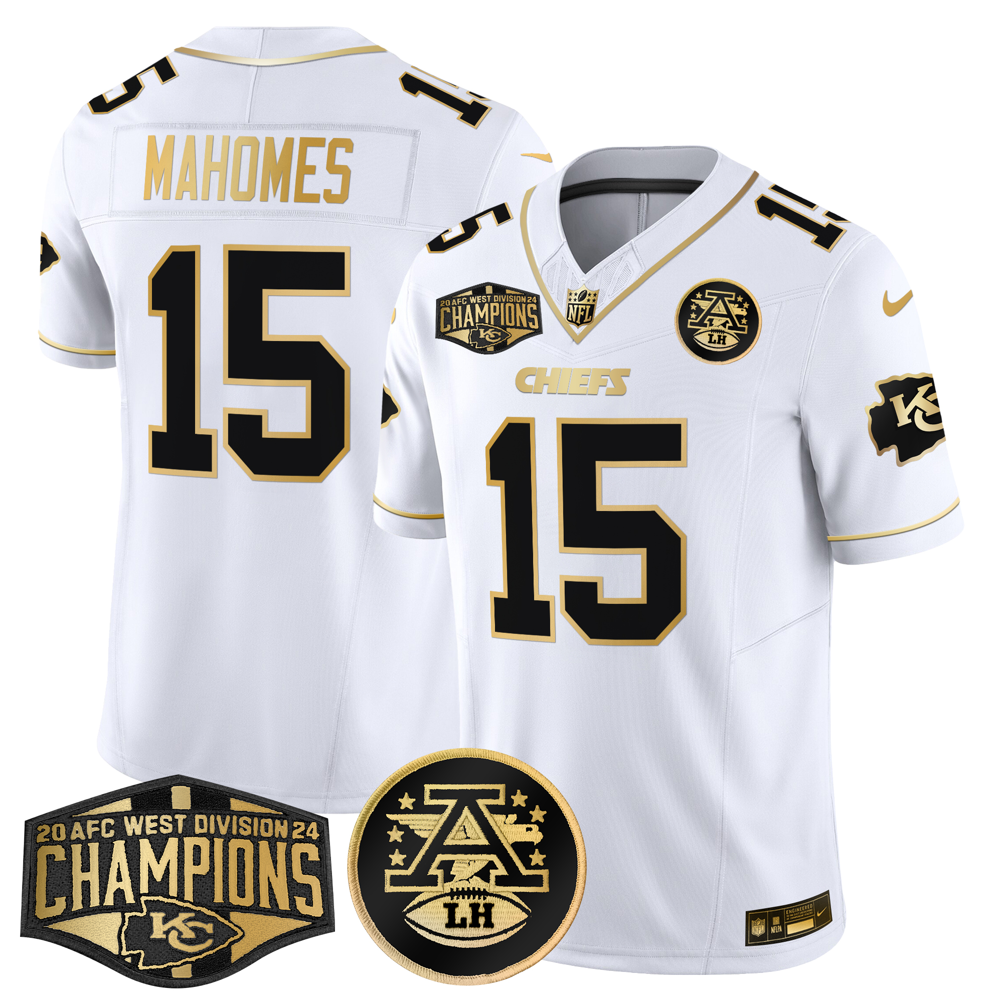Patrick Mahomes Men's Kansas City Chiefs 2024 AFC West Division Champions Patch Gold Vapor Limited White Gold Jersey - All Stitched