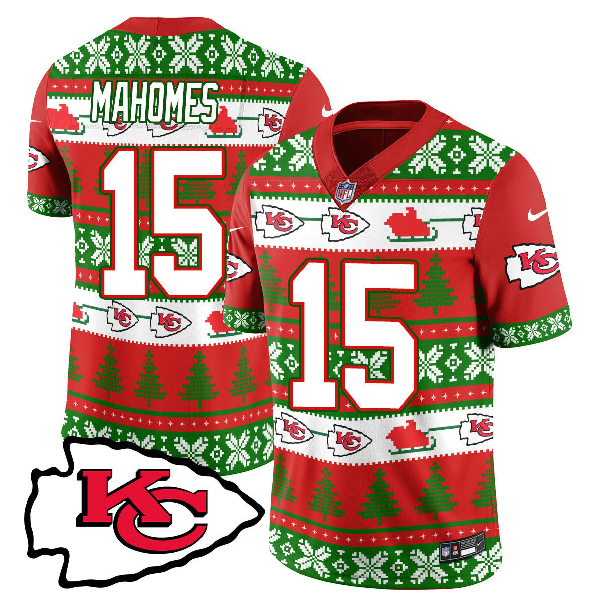 Patrick Mahomes Men's Kansas City Chiefs 2024 Christmas Vapor Limited Jersey - Printed Red Green Jersey - All Stitched