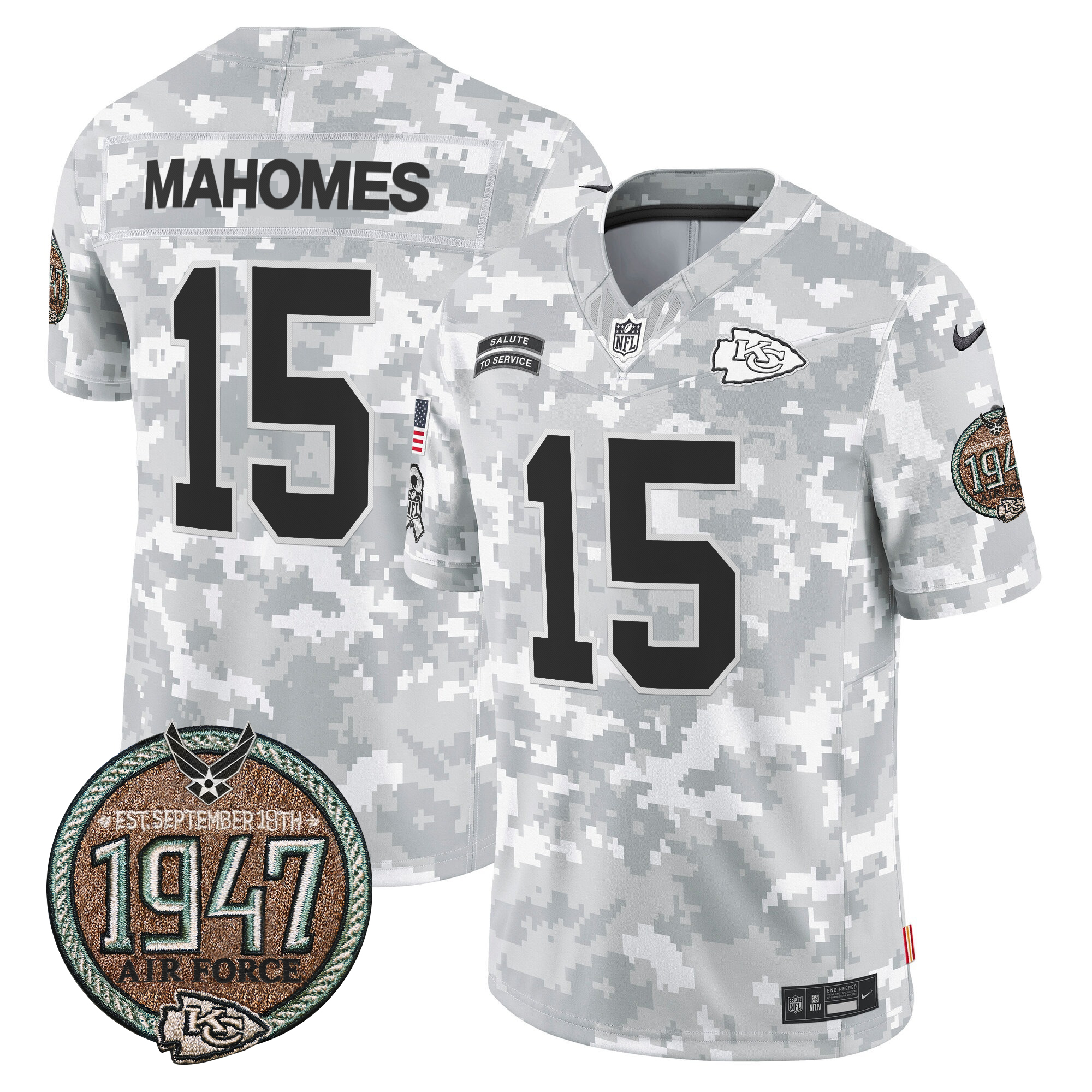 Patrick Mahomes Men's Kansas City Chiefs 2024 Salute to Service Establishment Year Patch Vapor Limited Air Force Jersey - All Stitched