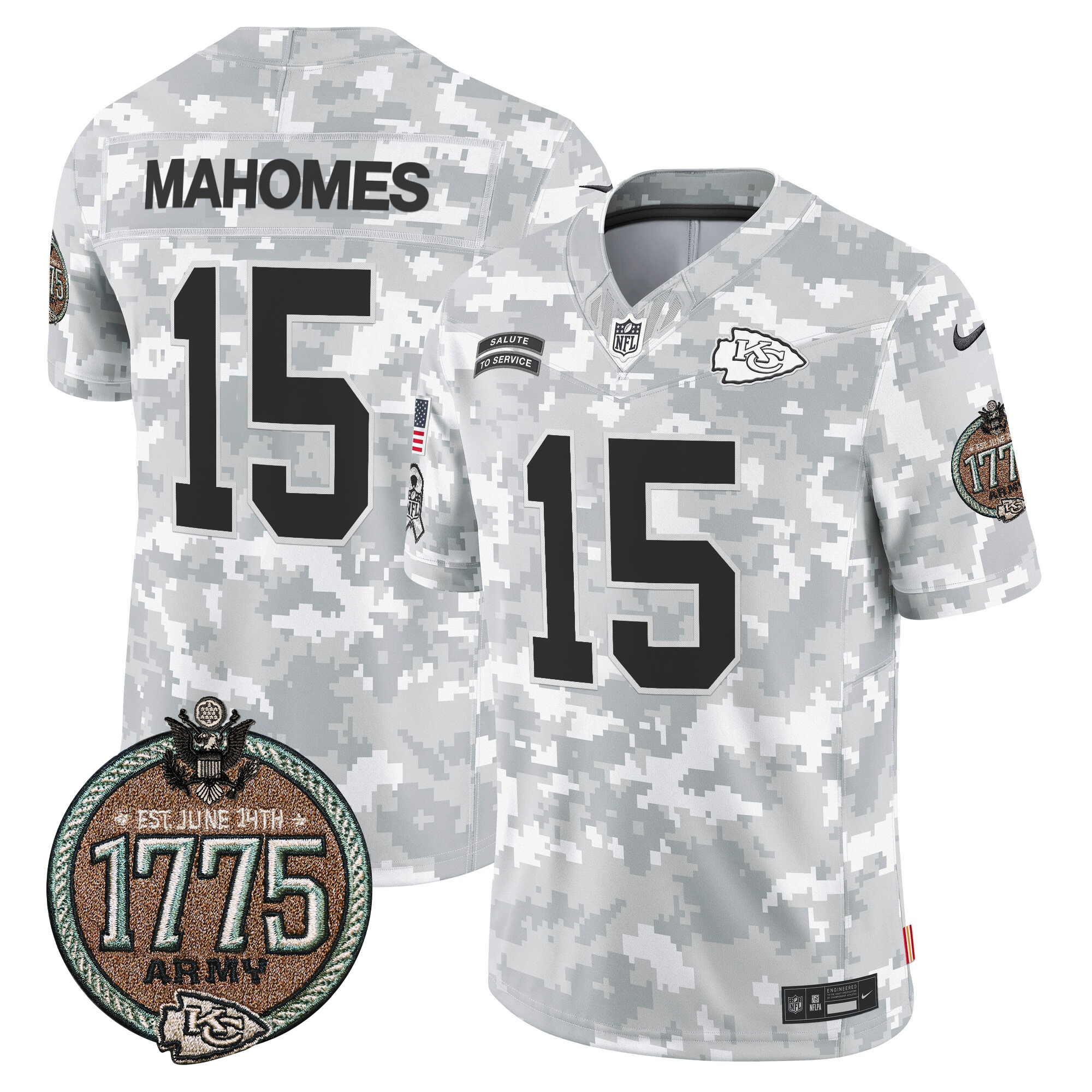 Patrick Mahomes Men's Kansas City Chiefs 2024 Salute to Service Establishment Year Patch Vapor Limited Army Jersey - All Stitched