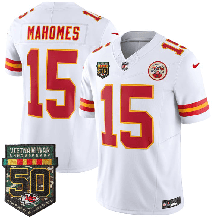 Patrick Mahomes Men's Kansas City Chiefs 50th Vietnam War Anniversary Patch Vapor Limited White Jersey - All Stitched