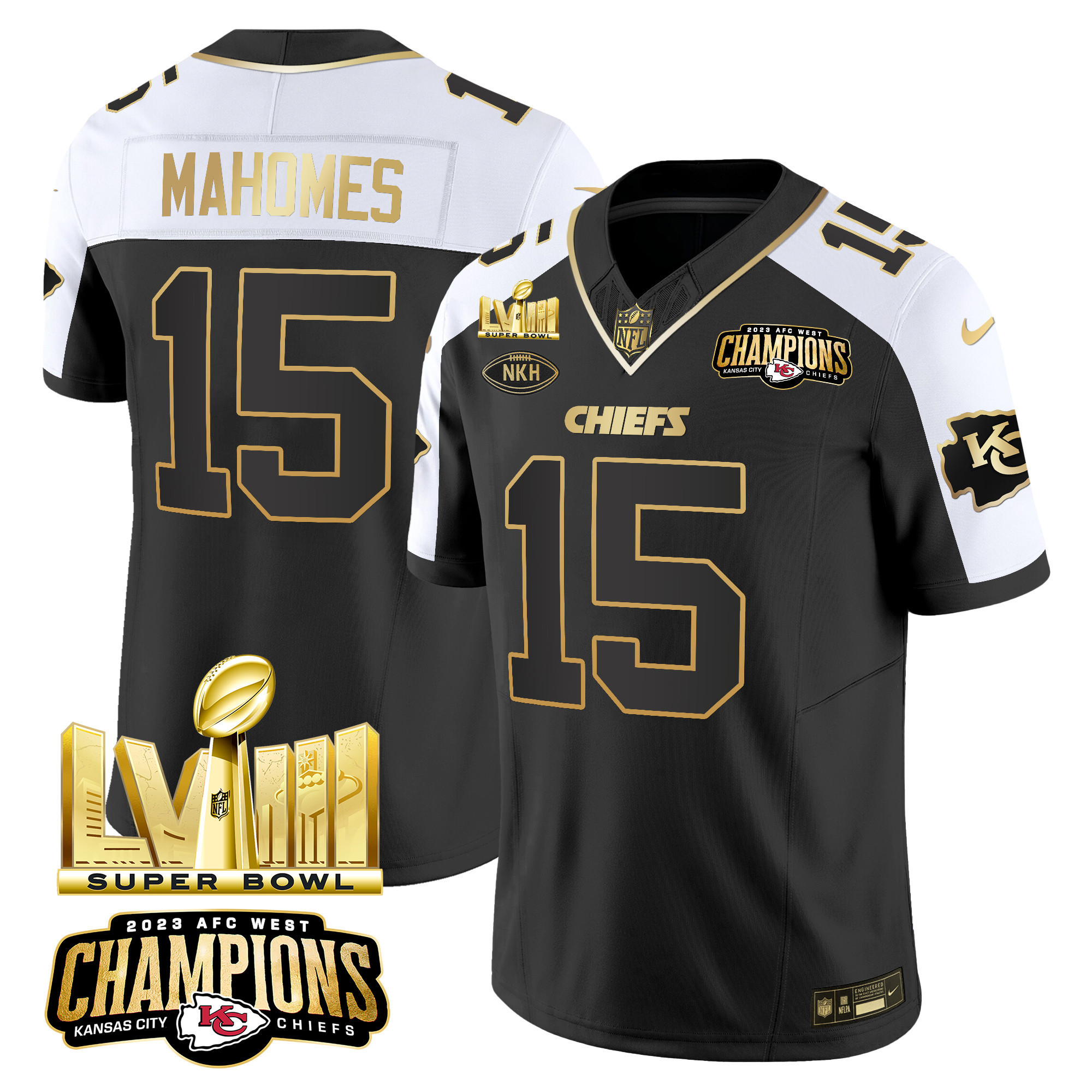 Patrick Mahomes Men's Kansas City Chiefs AFC West Champions & Super Bowl LVIII Gold Patch Vapor Alternate Jersey - All Stitched