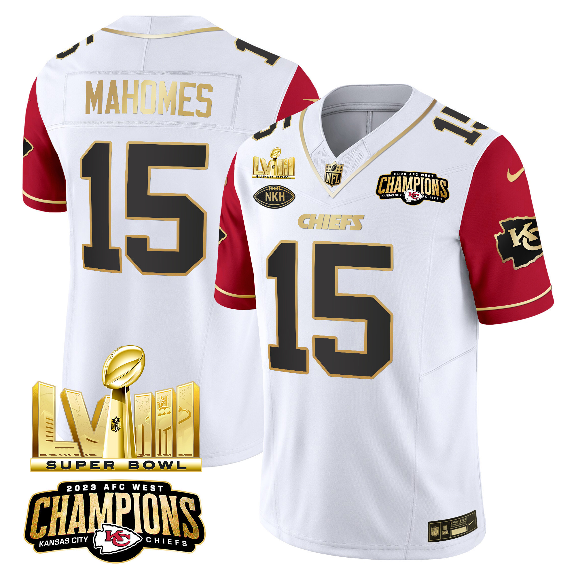 Patrick Mahomes Men's Kansas City Chiefs AFC West Champions & Super Bowl LVIII Gold Patch Vapor Color Sleeves Jersey - All Stitched