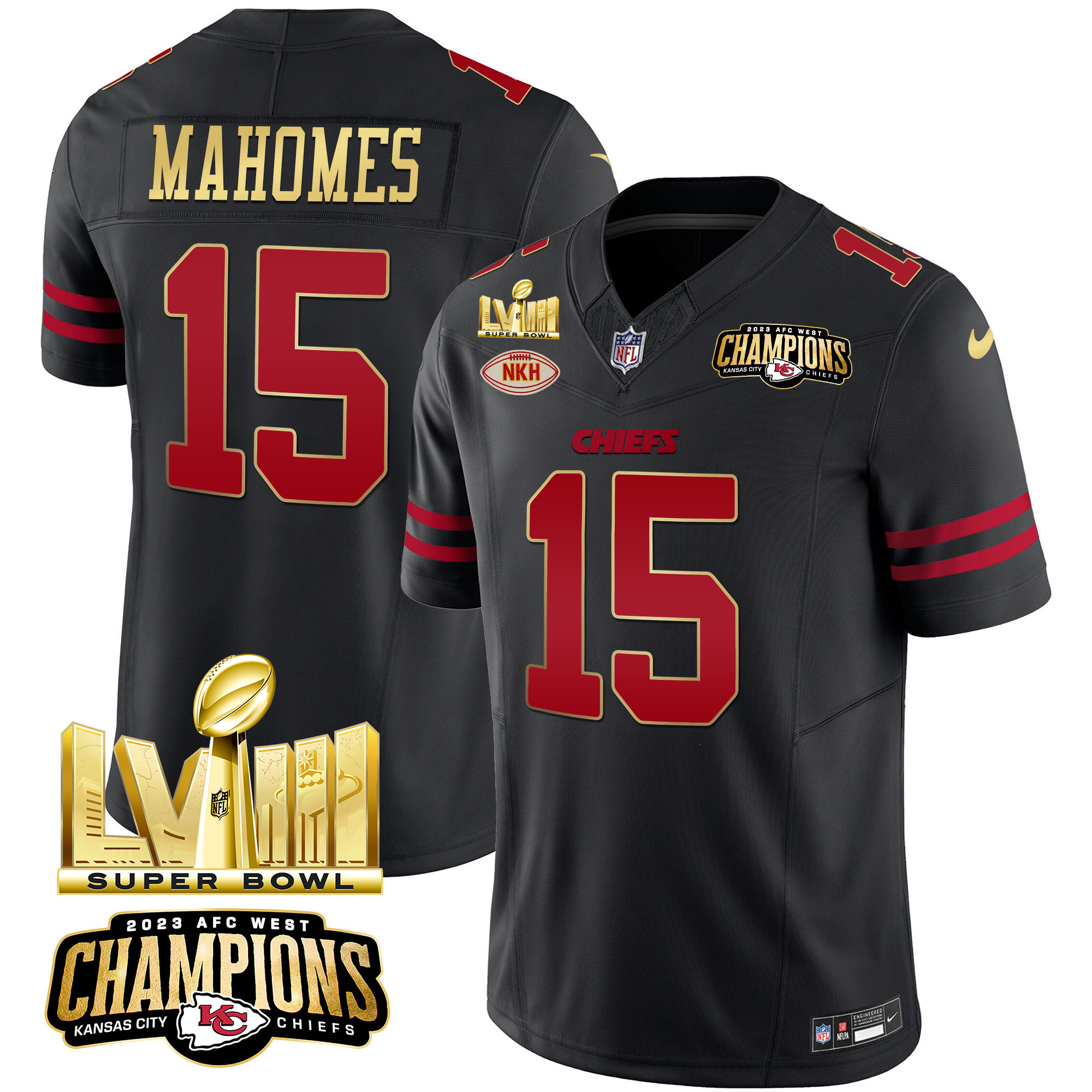 Patrick Mahomes Men's Kansas City Chiefs AFC West Champions & Super Bowl LVIII Gold Patch Vapor Gold Trim Jersey - All Stitched