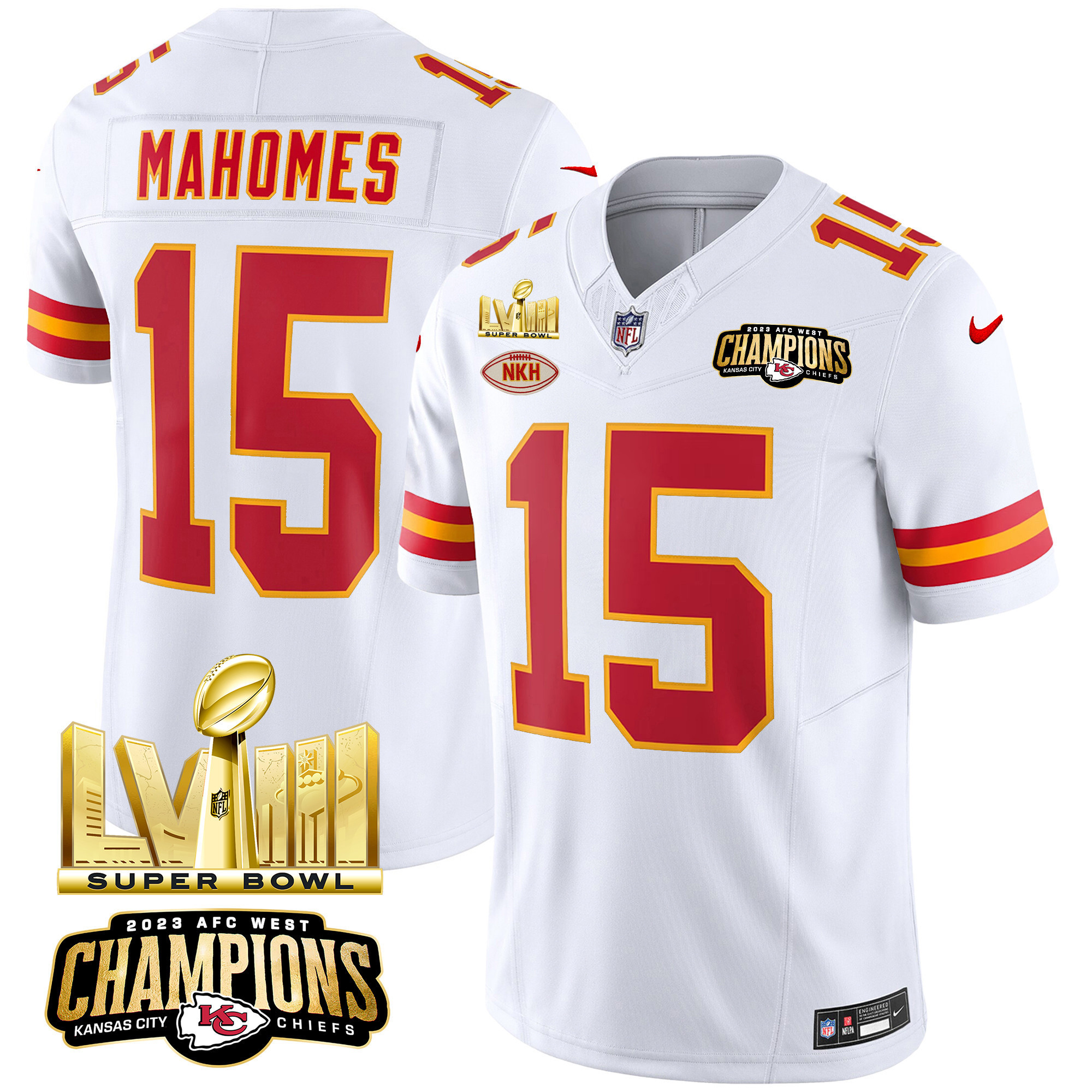 Patrick Mahomes Men's Kansas City Chiefs AFC West Champions & Super Bowl LVIII Gold Patch Vapor White Jersey - All Stitched