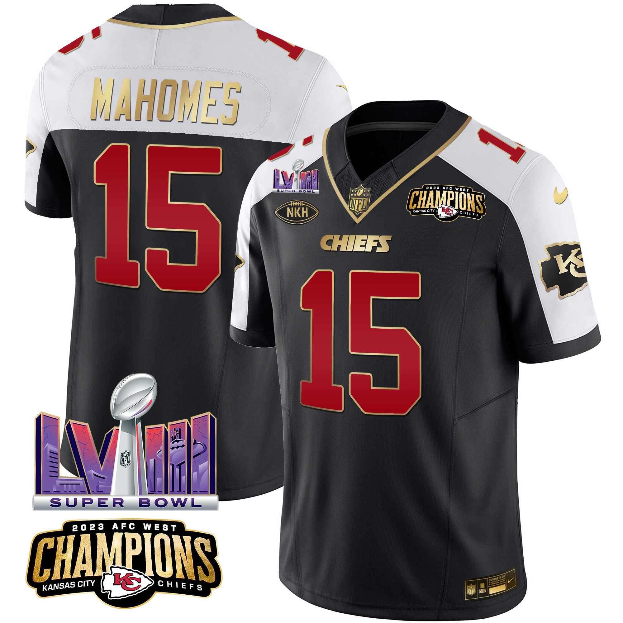 Patrick Mahomes Men's Kansas City Chiefs AFC West Champions & Super Bowl LVIII Patch Vapor Black Alternate Jersey - All Stitched