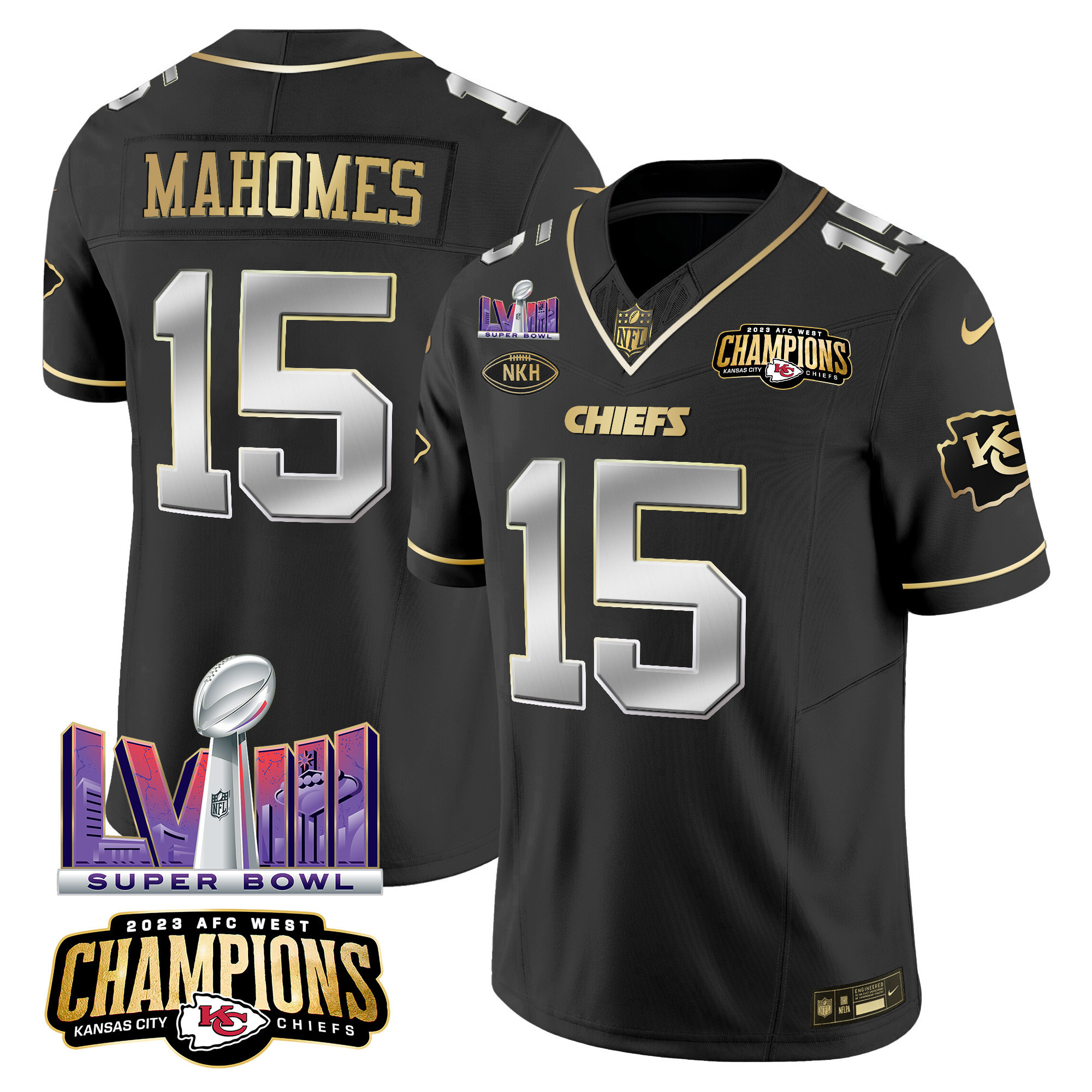 Patrick Mahomes Men's Kansas City Chiefs AFC West Champions & Super Bowl LVIII Patch Vapor Black Limited Jersey - All Stitched