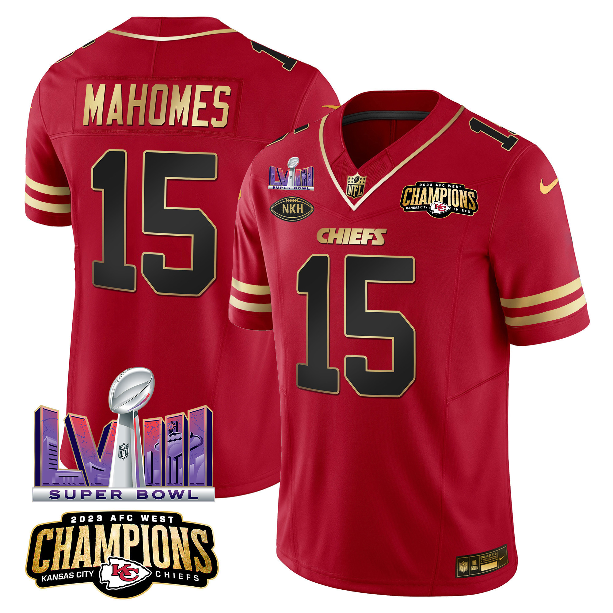 Patrick Mahomes Men's Kansas City Chiefs AFC West Champions & Super Bowl LVIII Patch Vapor Black Red Jersey - All Stitched