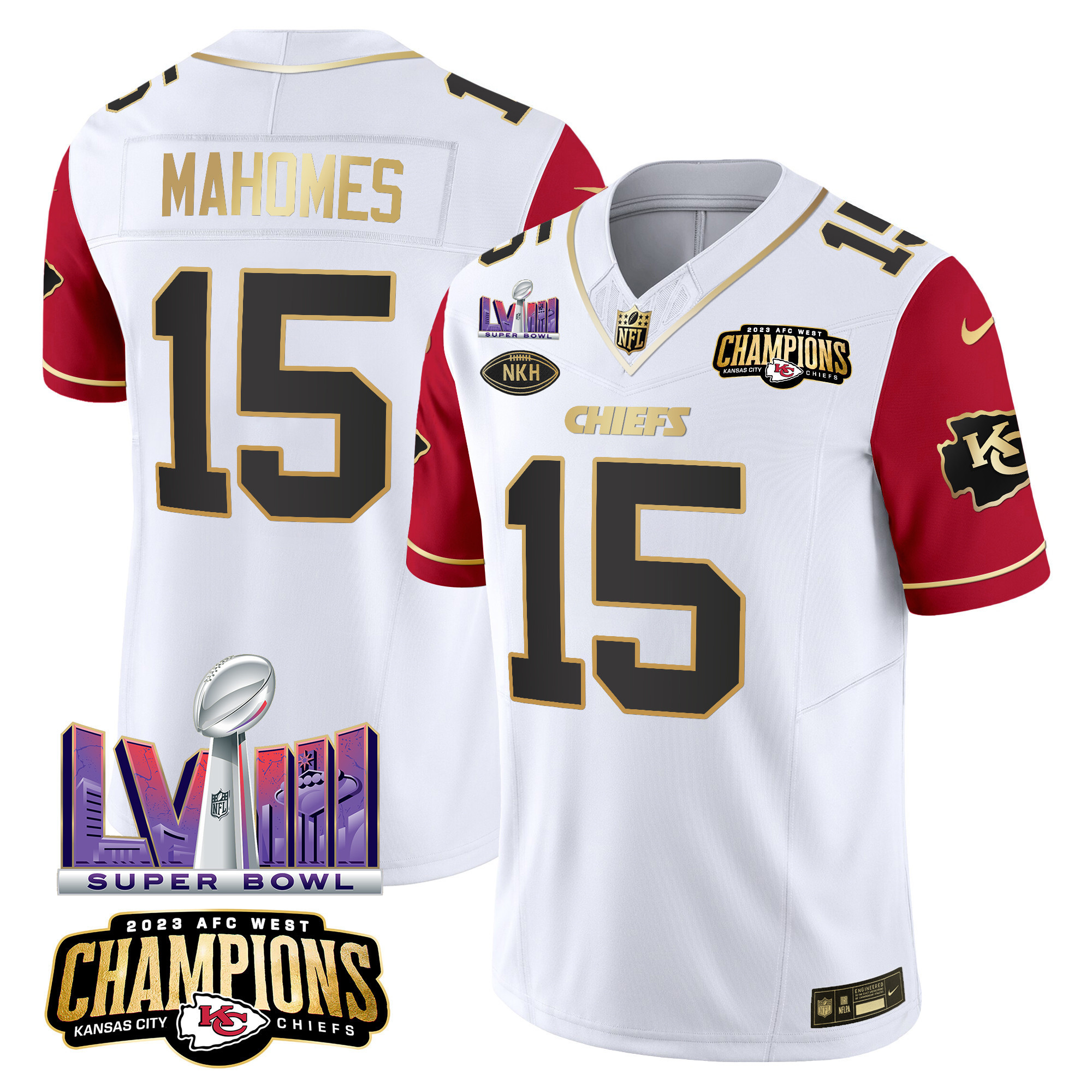 Patrick Mahomes Men's Kansas City Chiefs AFC West Champions & Super Bowl LVIII Patch Vapor Color Sleeves Jersey - All Stitched