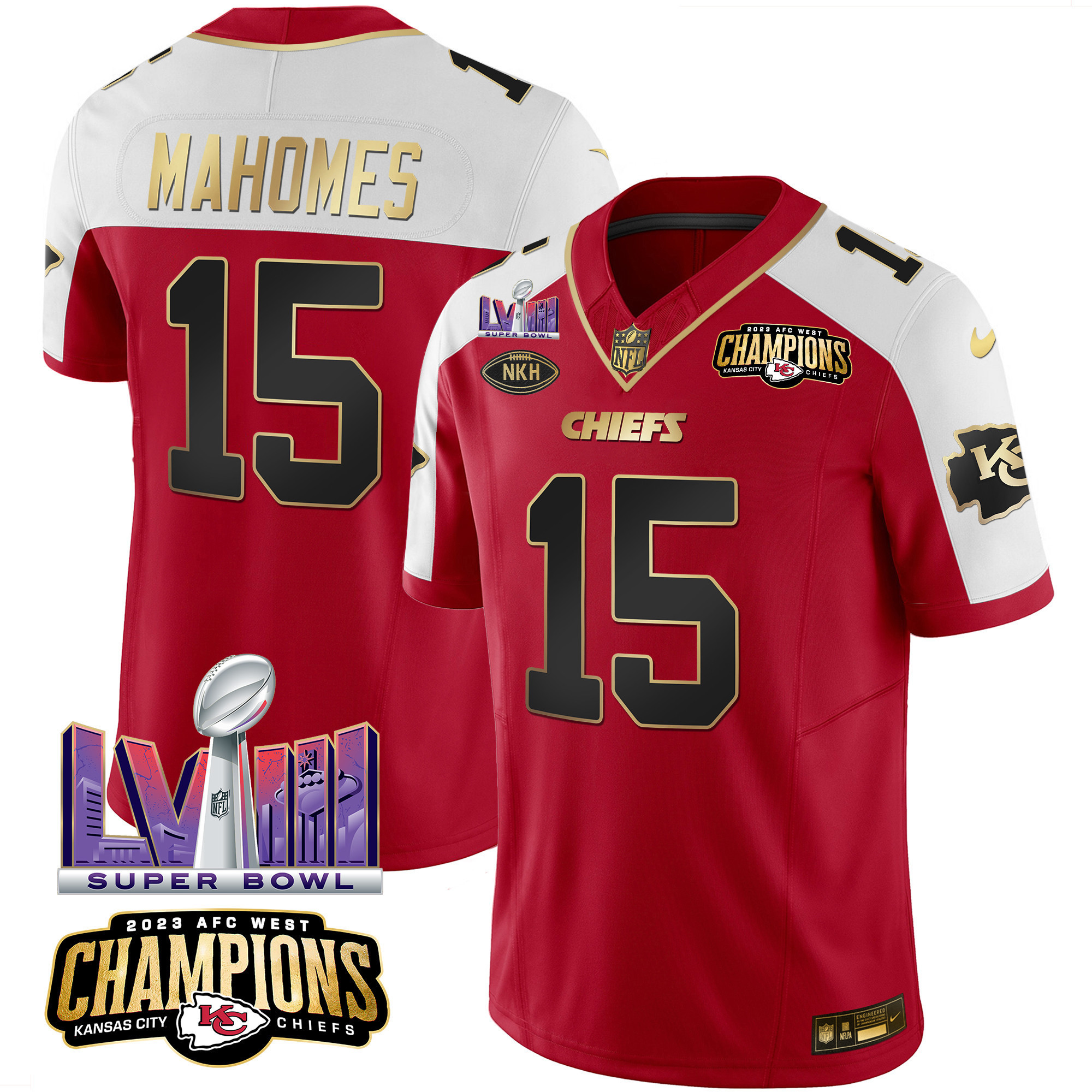 Patrick Mahomes Men's Kansas City Chiefs AFC West Champions & Super Bowl LVIII Patch Vapor Red Alternate Jersey - All Stitched