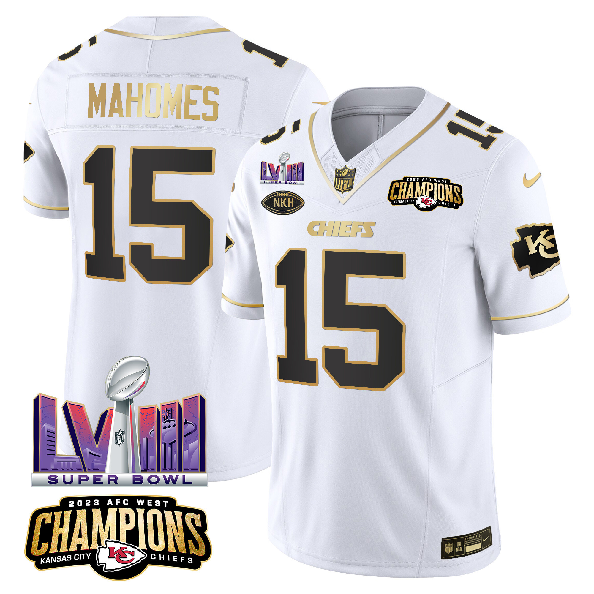 Patrick Mahomes Men's Kansas City Chiefs AFC West Champions & Super Bowl LVIII Patch Vapor White Gold Jersey - All Stitched
