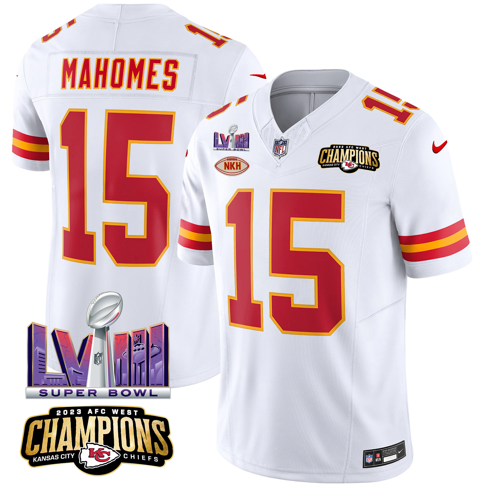 Patrick Mahomes Men's Kansas City Chiefs AFC West Champions & Super Bowl LVIII Patch Vapor White Jersey - All Stitched