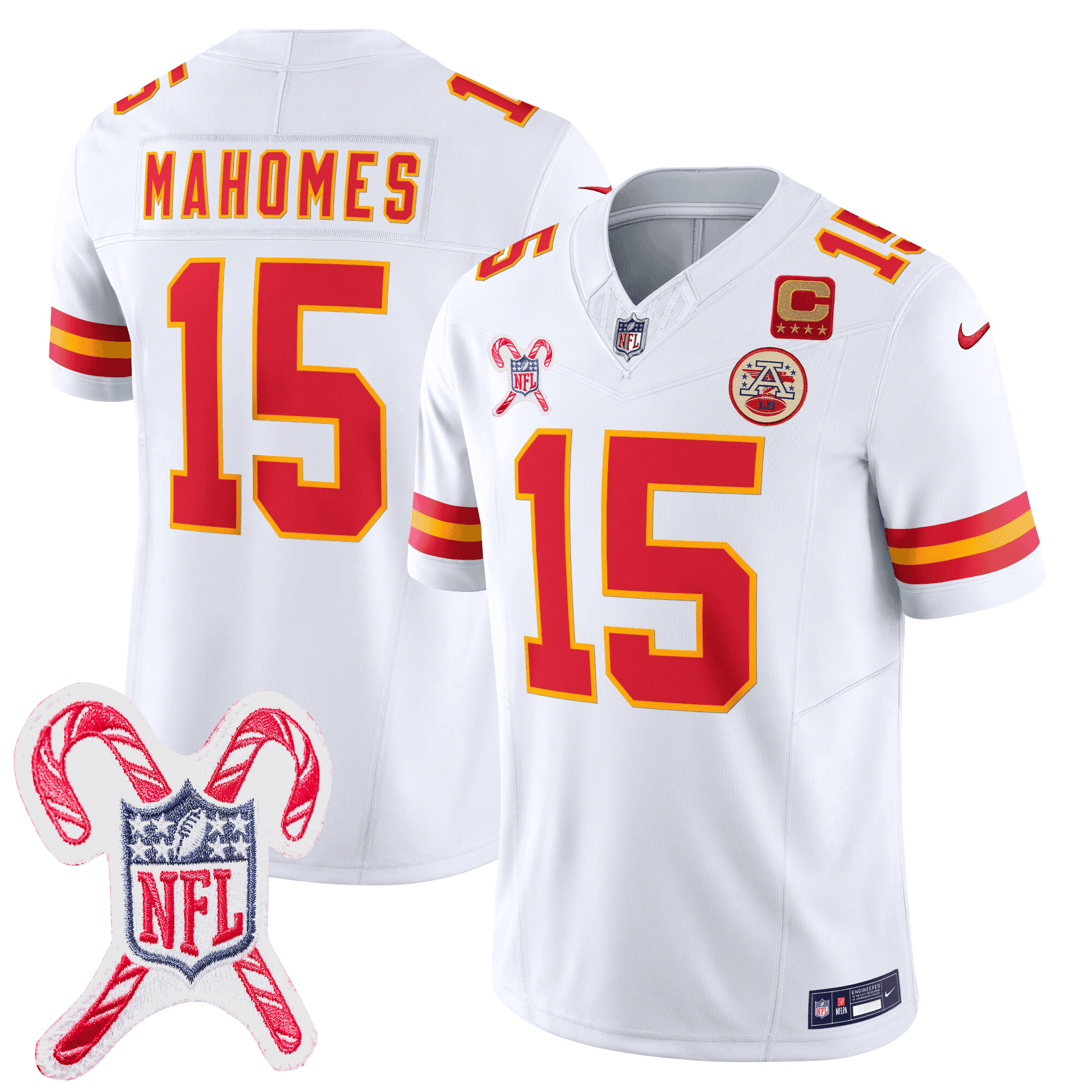Patrick Mahomes Men's Kansas City Chiefs Christmas Patch Vapor Limited White Jersey - All Stitched