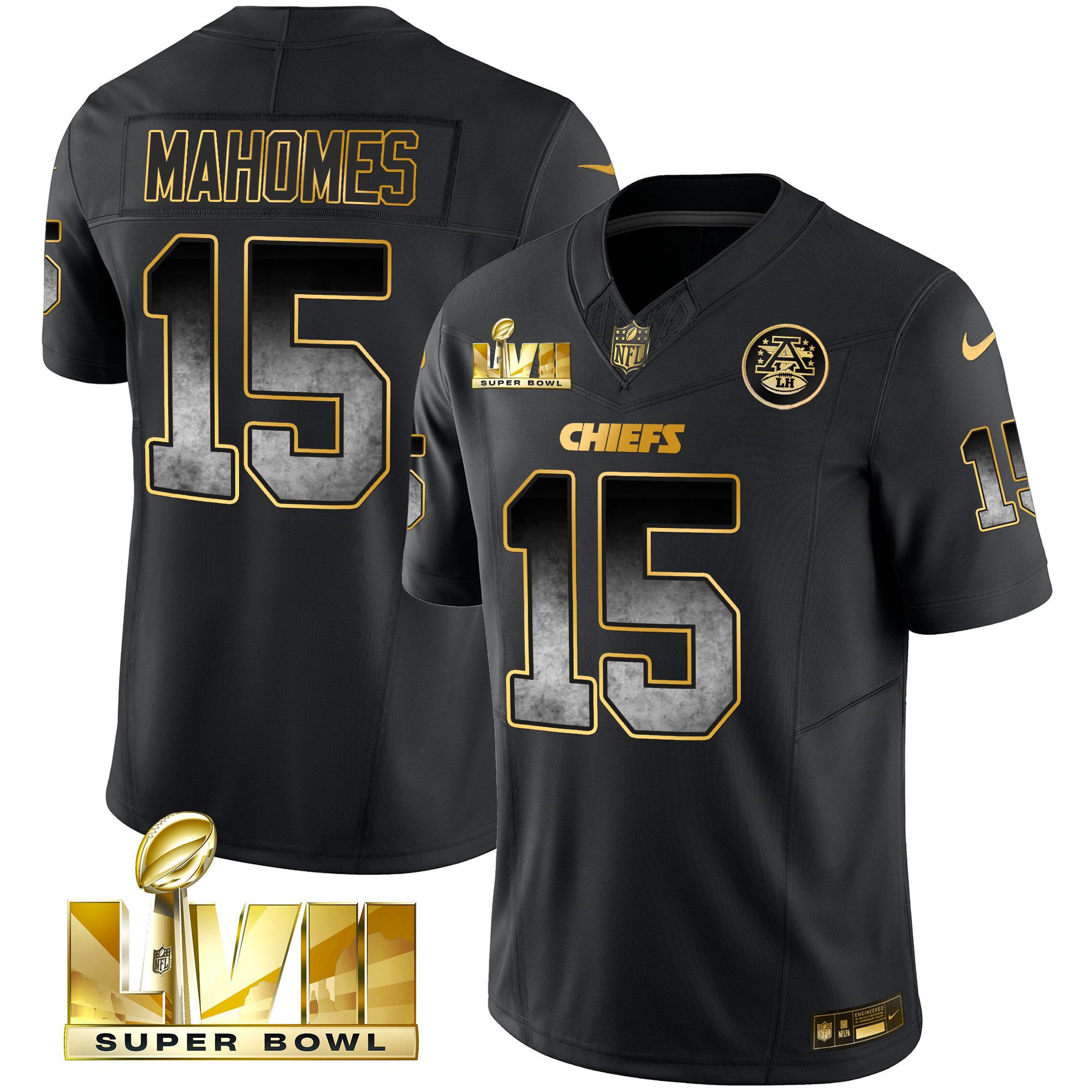Patrick Mahomes Men's Kansas City Chiefs Gold Arch Smoke Vapor Black Gold Jersey - All Stitched