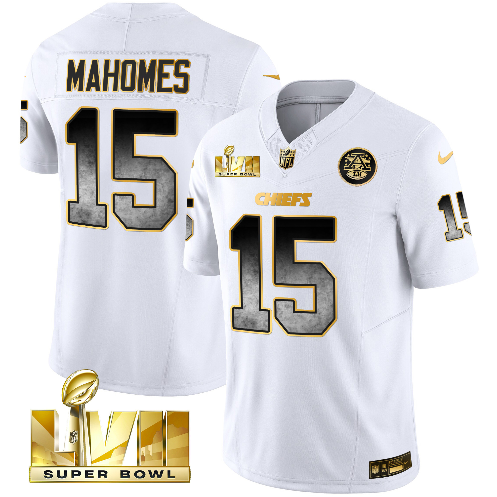 Patrick Mahomes Men's Kansas City Chiefs Gold Arch Smoke Vapor White Gold Jersey - All Stitched