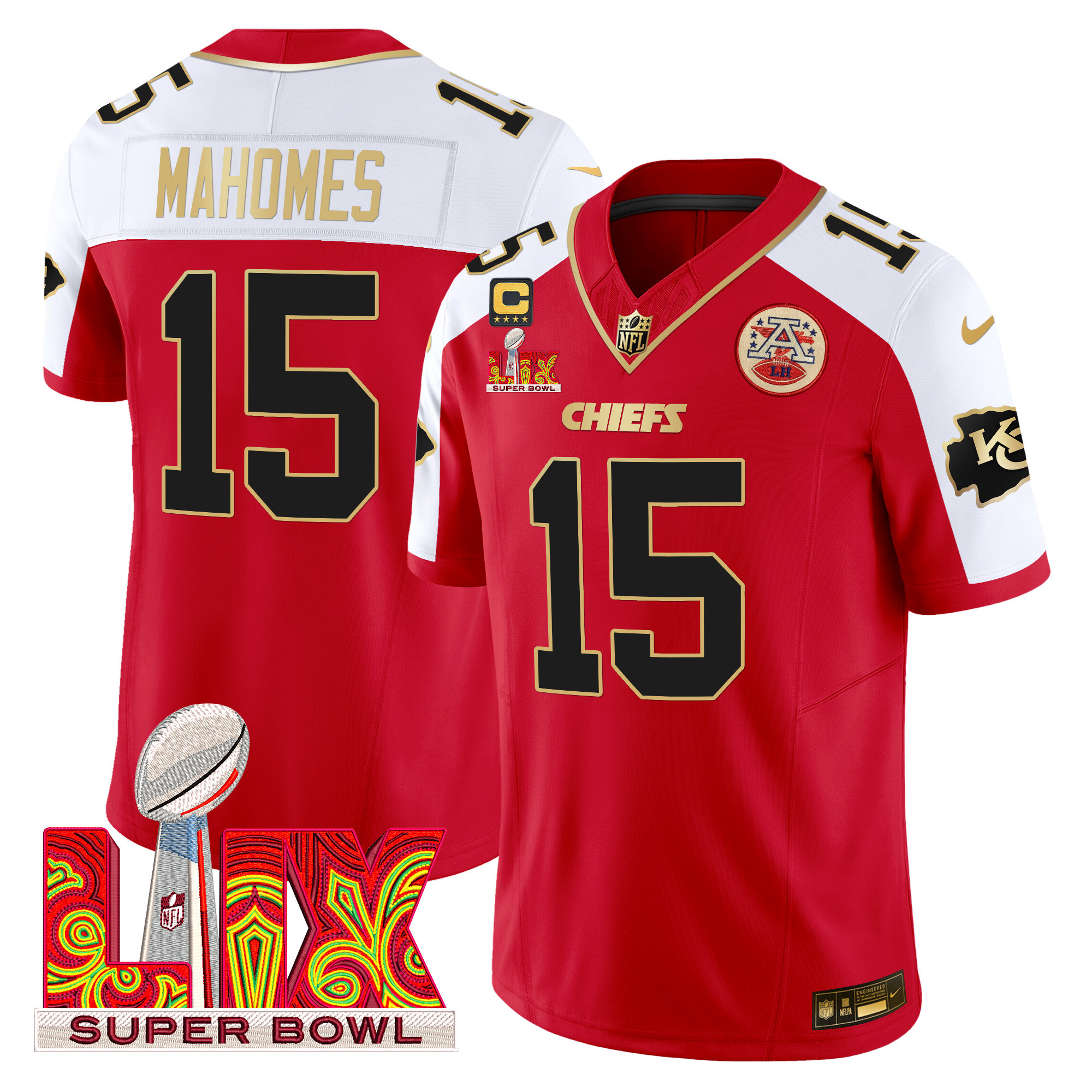 Patrick Mahomes Men's Kansas City Chiefs Super Bowl LIX Patch Gold Trim Vapor Limited Red Alternate Jersey - All Stitched
