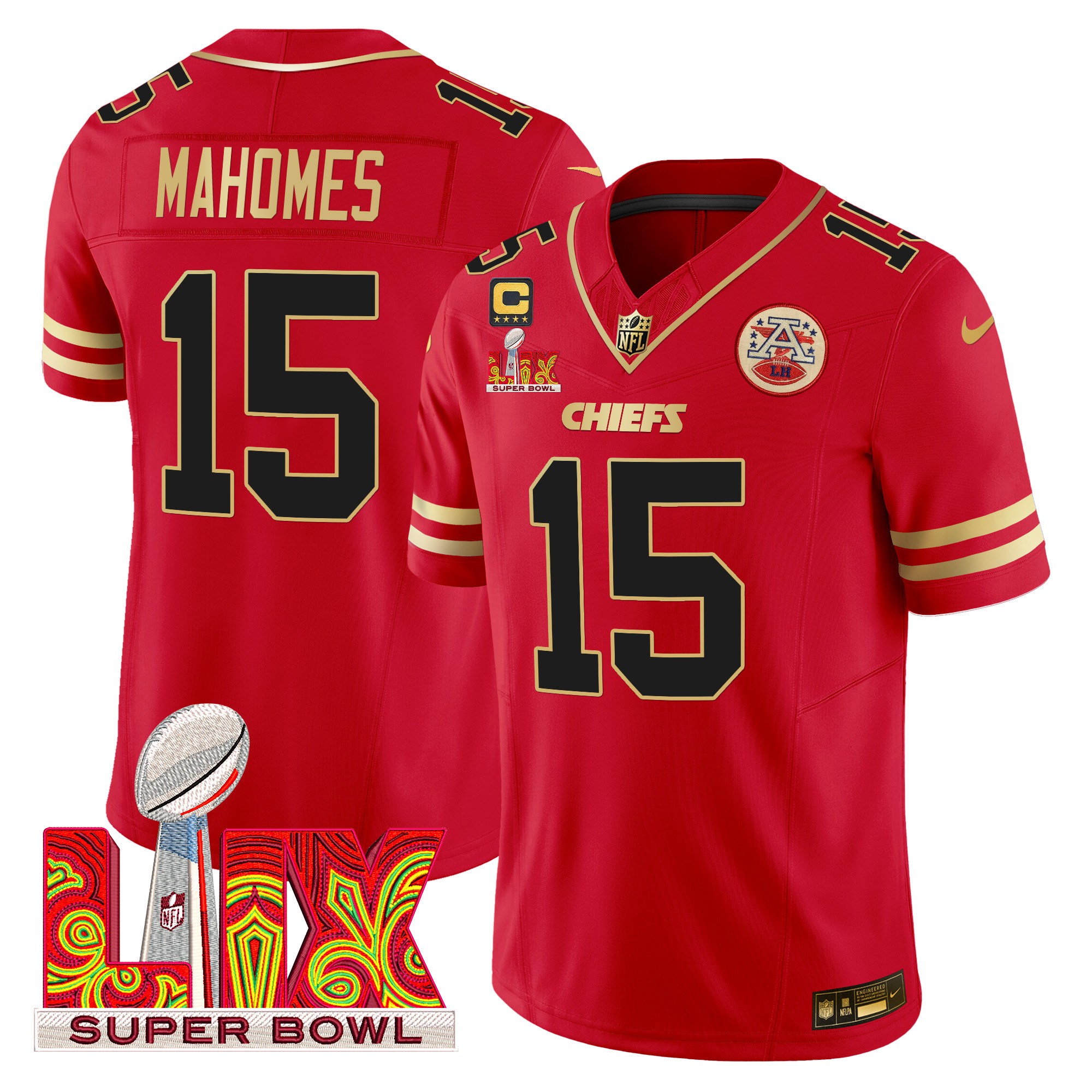 Patrick Mahomes Men's Kansas City Chiefs Super Bowl LIX Patch Gold Trim Vapor Limited Red Jersey - All Stitched