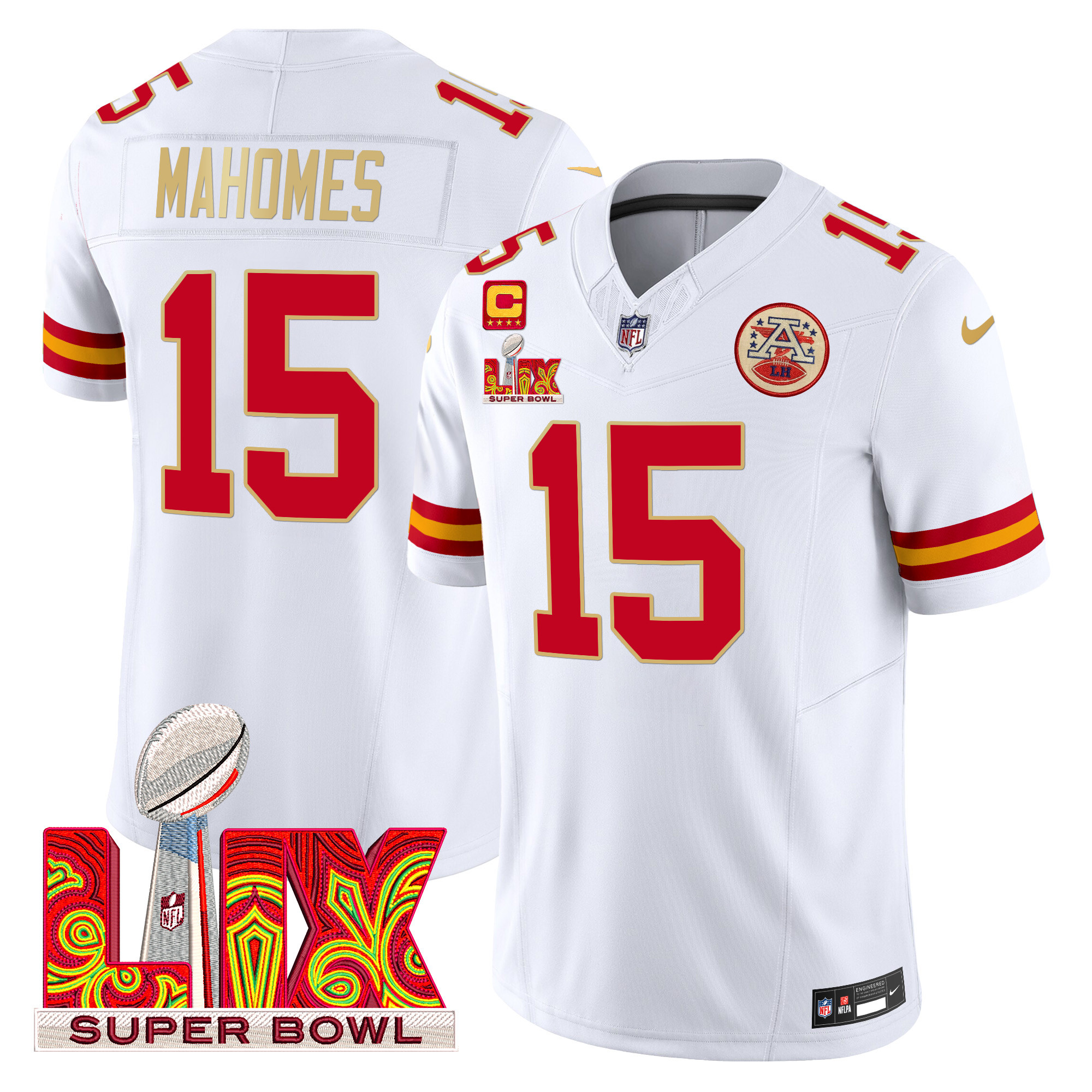 Patrick Mahomes Men's Kansas City Chiefs Super Bowl LIX Patch Gold Trim Vapor Limited White Jersey - All Stitched