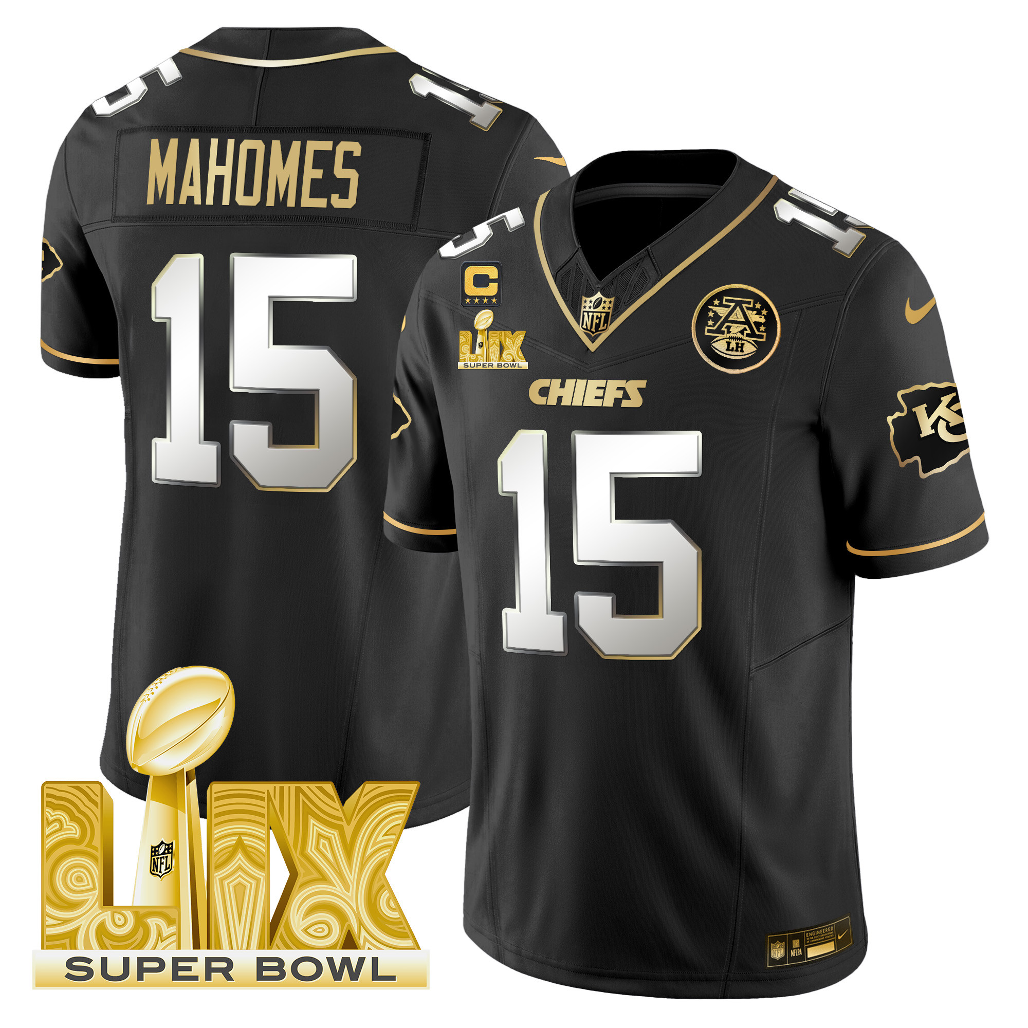 Patrick Mahomes Men's Kansas City Chiefs Super Bowl LIX Patch Gold Vapor Limited Black Limited Jersey - All Stitched