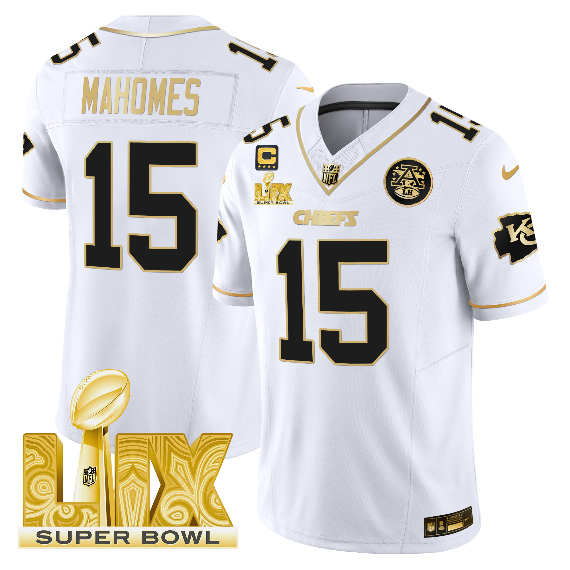 Patrick Mahomes Men's Kansas City Chiefs Super Bowl LIX Patch Gold Vapor Limited White Gold Jersey - All Stitched