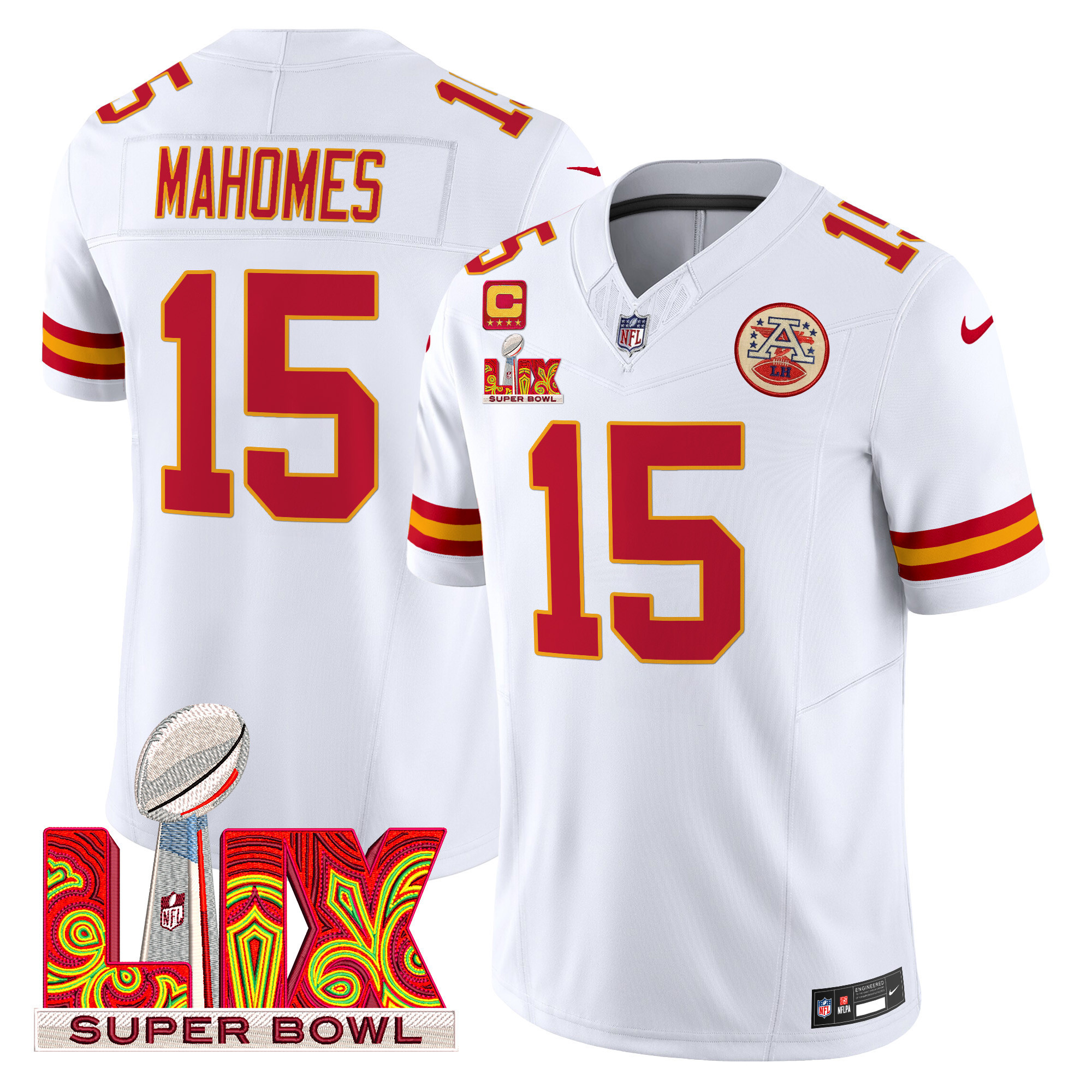 Patrick Mahomes Men's Kansas City Chiefs Super Bowl LIX Patch Vapor Limited White Jersey - All Stitched
