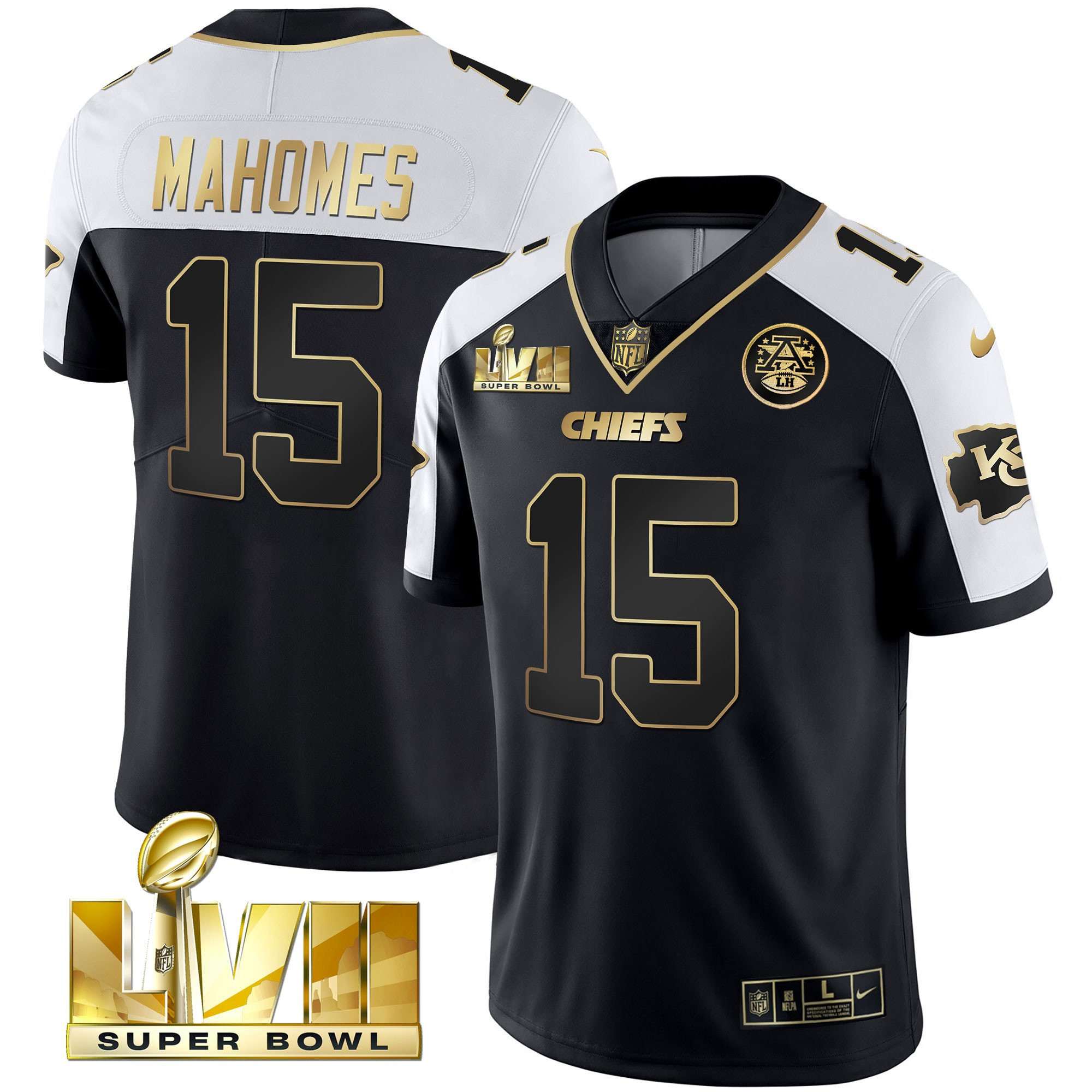 Patrick Mahomes Men's Kansas City Chiefs Super Bowl LVII Alternate Gold Vapor Black Jersey - All Stitched