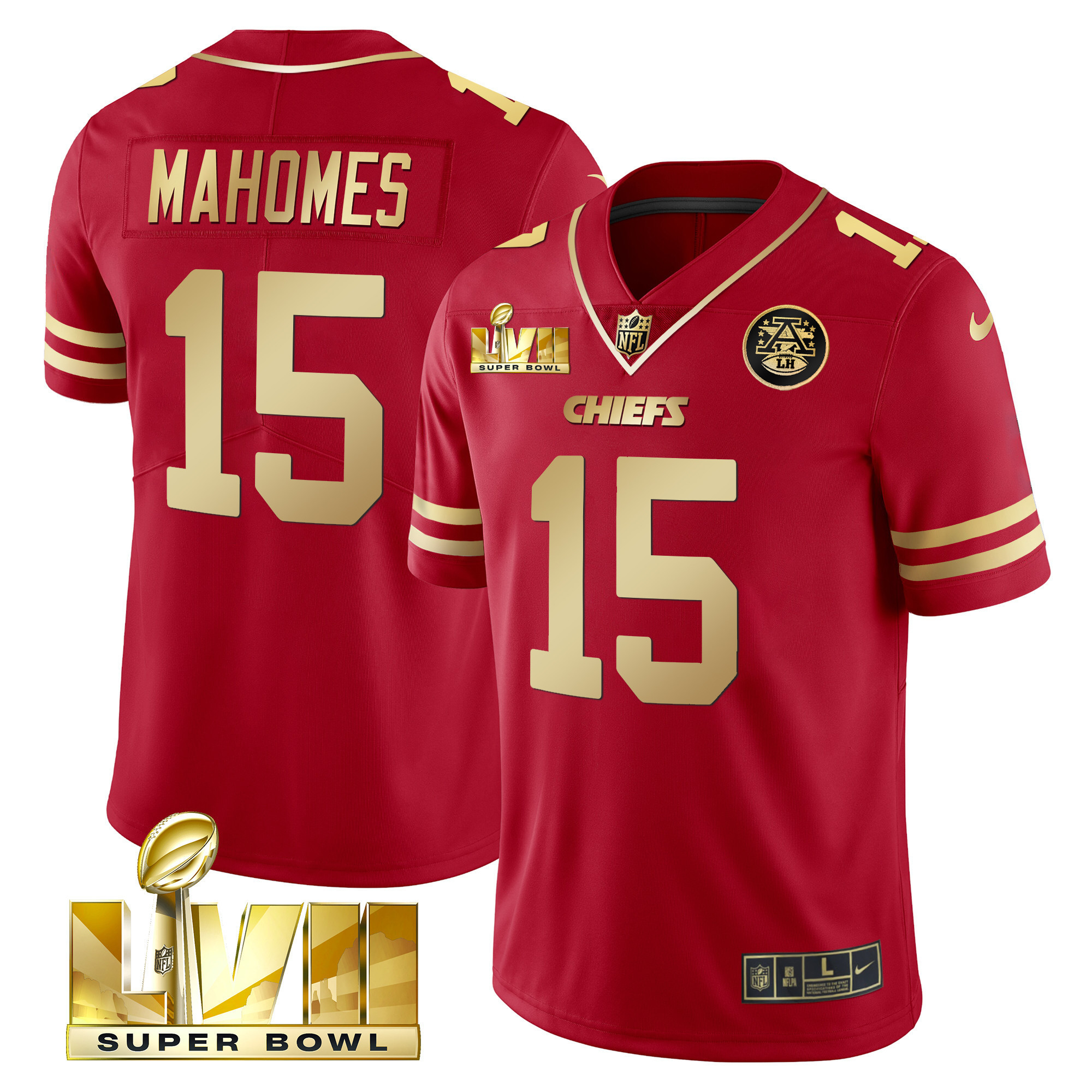 Patrick Mahomes Men's Kansas City Chiefs Super Bowl LVII Gold Trim Vapor Red Gold Jersey - All Stitched