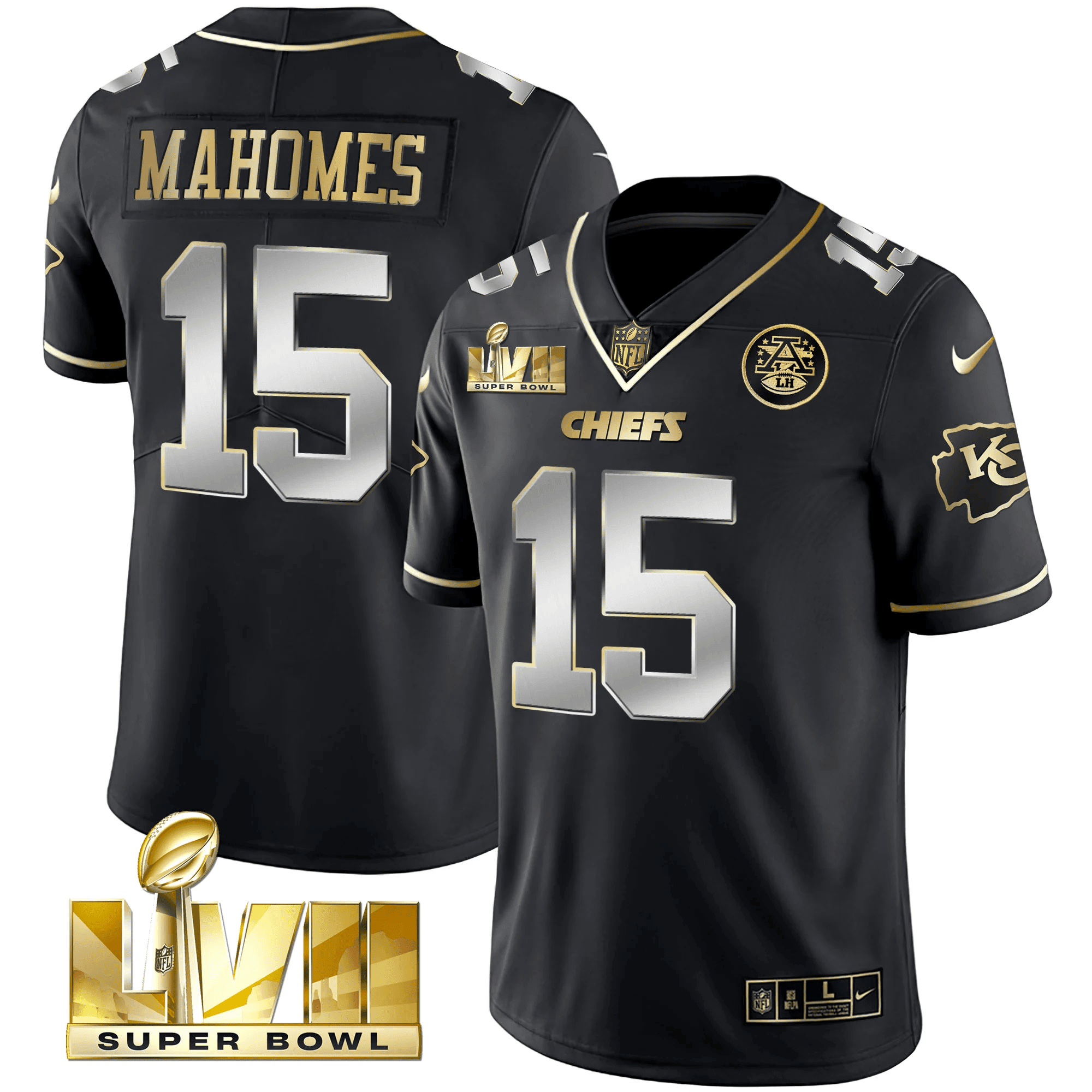 Patrick Mahomes Men's Kansas City Chiefs Super Bowl LVII Gold Trim Vapor V2 Black Limited Jersey - All Stitched