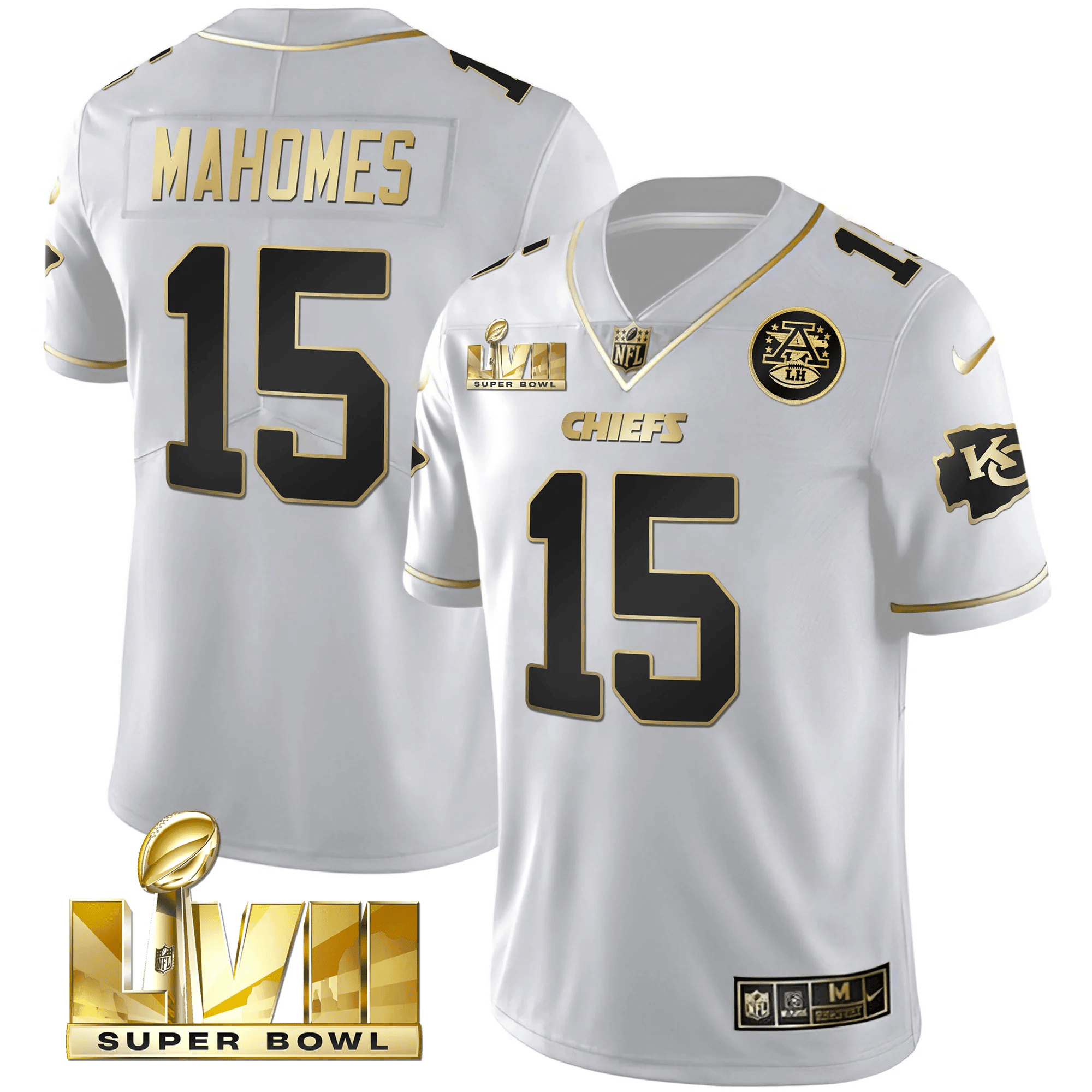 Patrick Mahomes Men's Kansas City Chiefs Super Bowl LVII Gold Trim Vapor V2 White Gold Jersey - All Stitched