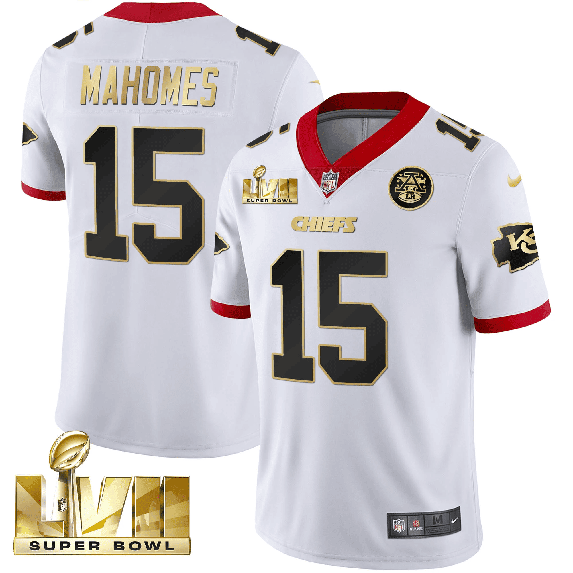 Patrick Mahomes Men's Kansas City Chiefs Super Bowl LVII Gold Trim Vapor V2 White Jersey - All Stitched