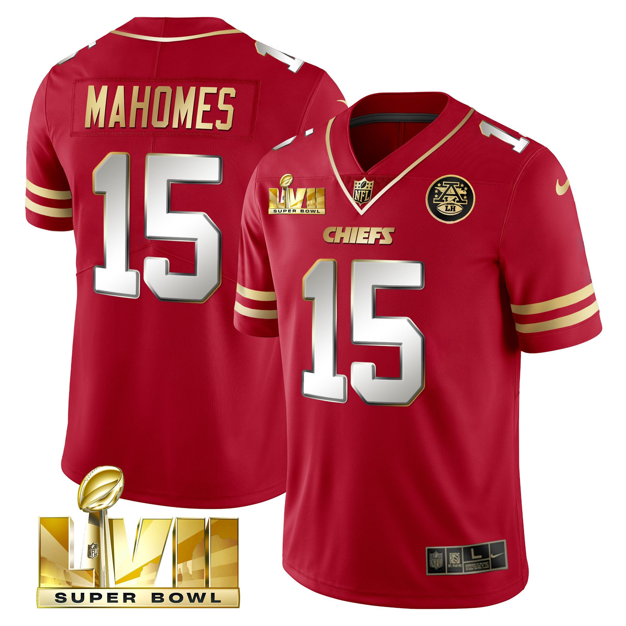 Patrick Mahomes Men's Kansas City Chiefs Super Bowl LVII Gold Vapor Limited Black Red Jersey - All Stitched