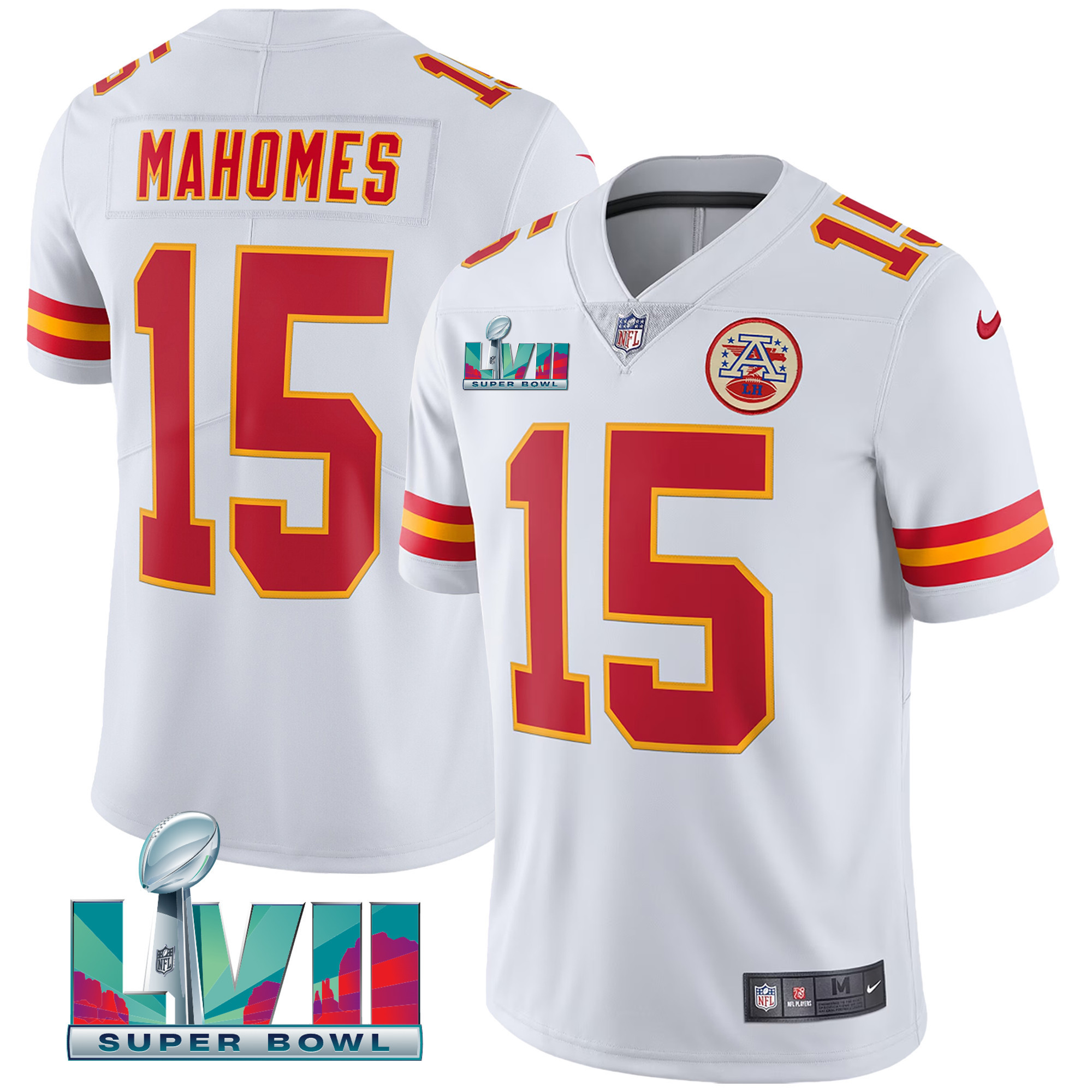 Patrick Mahomes Men's Kansas City Chiefs Super Bowl LVII Red Gold Vapor White Jersey - All Stitched